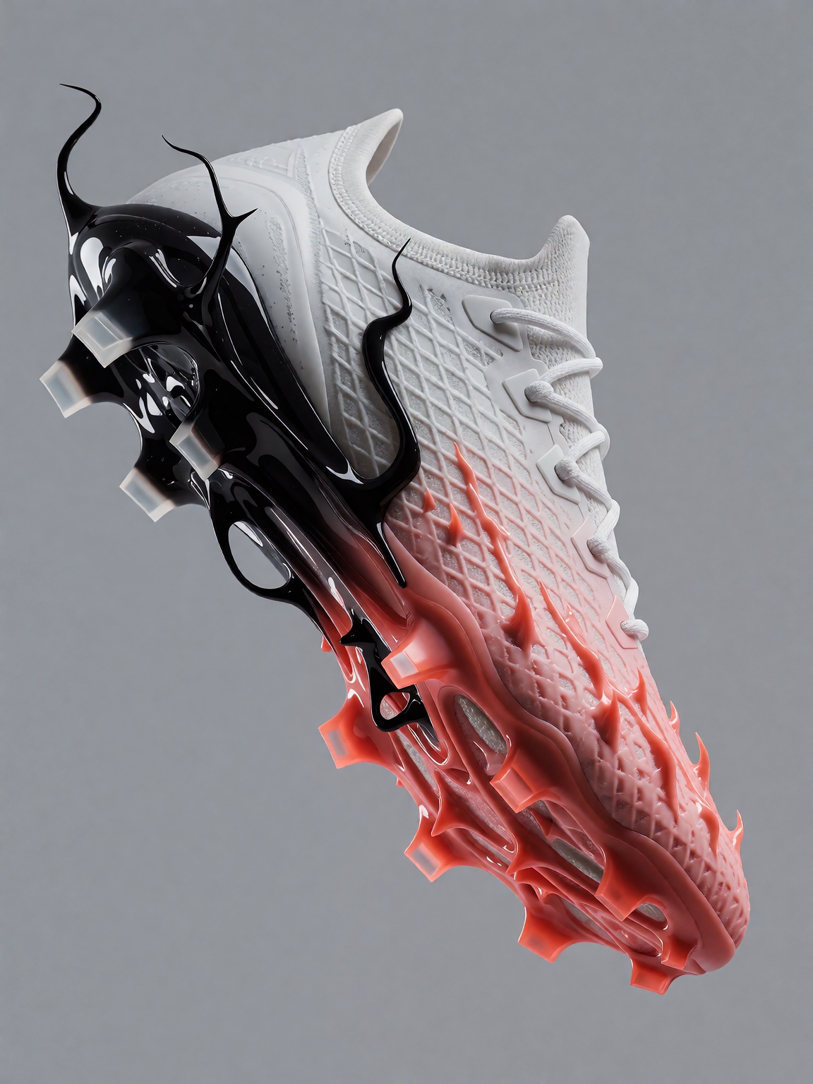 A surreal athletic cleat floating on a solid gray background. The coral pink front features aggressive organic spikes,  wh...