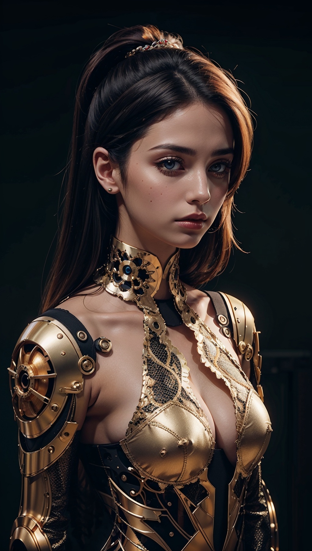reelmech,  woman looking at viewer,  black background on Tensor.Art