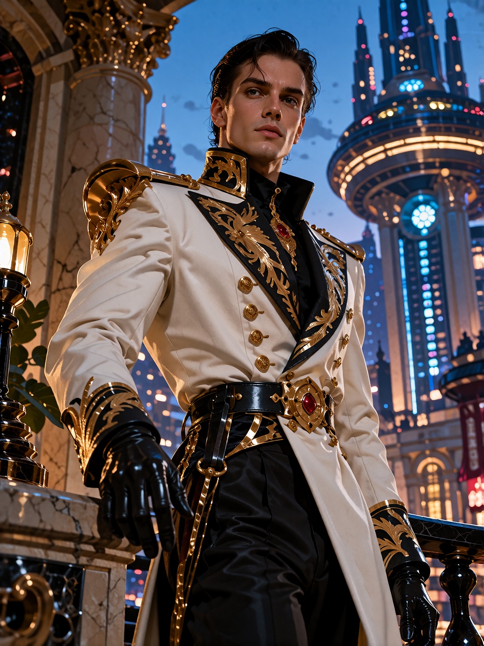 A handsome young aristocrat with slicked-back dark hair stands on a private balcony overlooking an immense illuminated cit...