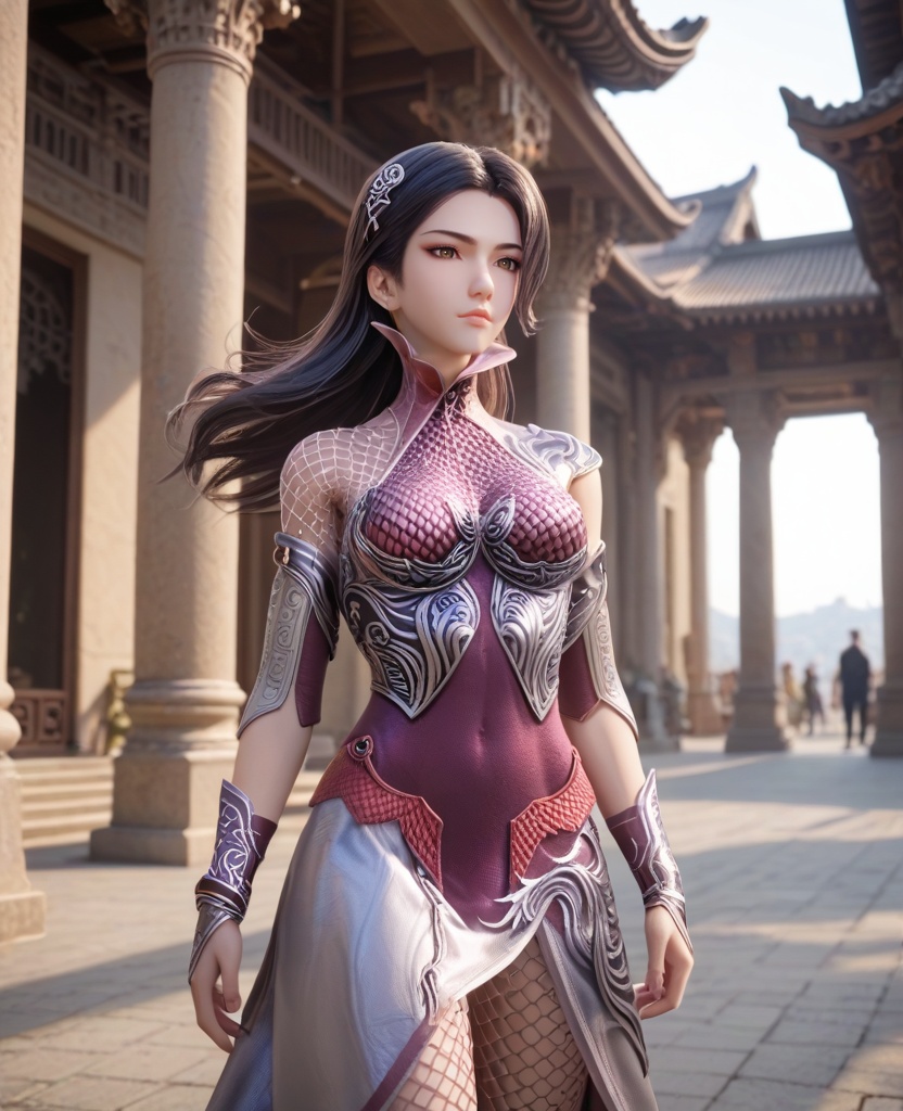 (oriental architecture, elegant decor, sophisticated style:1.1),(running:1.1),(breasts:1.2), <lora:XL16秦时明月惊鲵:0.95> miss jingni, corset dress with purple topwear and silver skirt, brown eyes, black hair, long hair, detached sleeves, barrettes, black leather left shoulder cut and mesh fabric on right shoulder, side slit, fishnet pantyhose, score_9,score_8_up,score_7_up,score_6_up,score_5_up,score_4_up,3d rendering,tag1,tag2, Cinematic Lighting,backlighting,