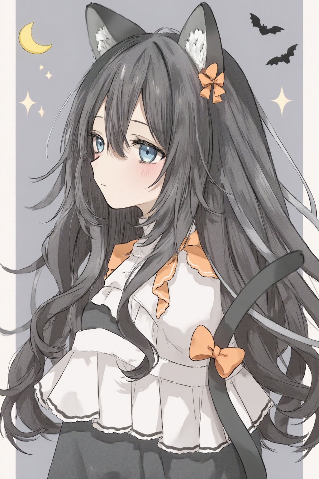 yuni,anime-style character, long wavy hair, blue eyes, cat ears, white top, orange accents, bow, crescent moon, stars, bats, night-time feel