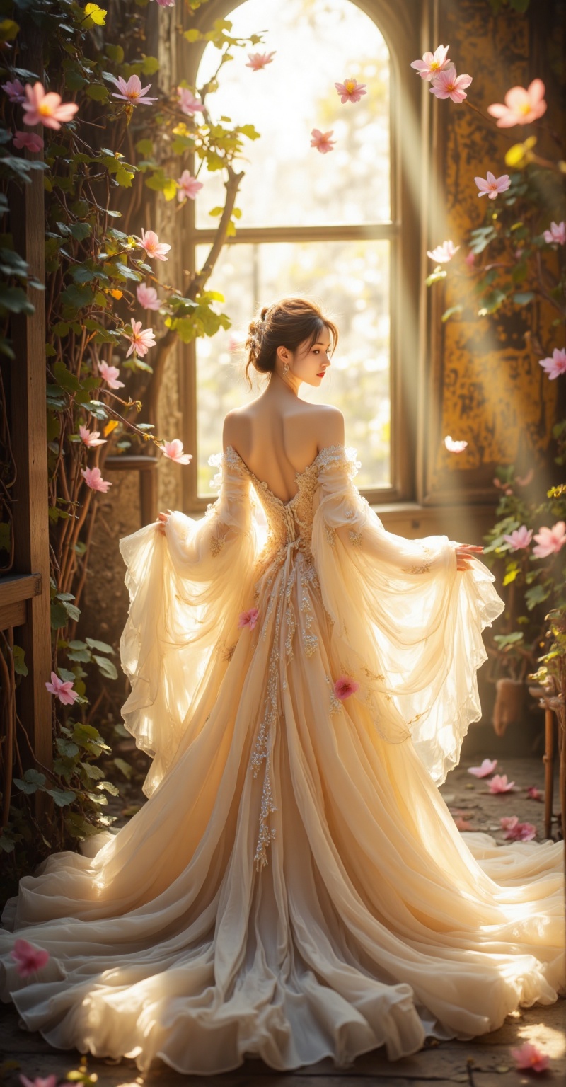 qiangguang,sunlight,1girl,dress,solo,blonde hair,window,white dress,sunlight,bare shoulders,artist name,standing,english text,indoors,petals,