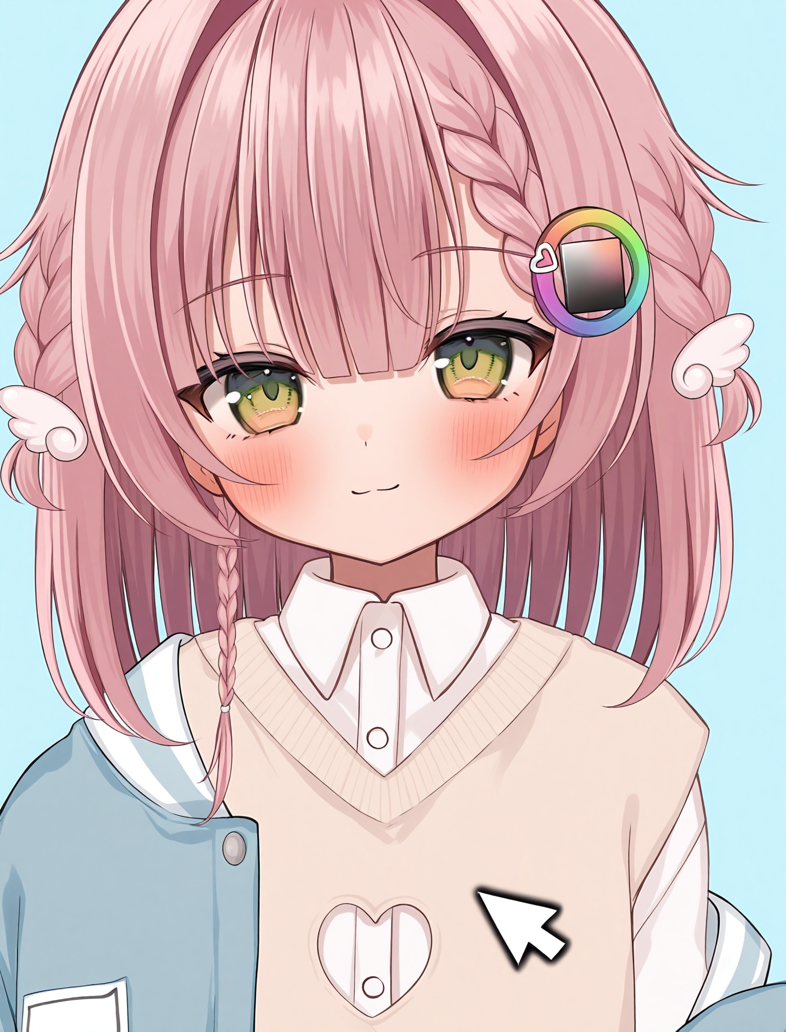 masterpiece,absurdres,best quality,loli,petite,high quality,chromatic_aberration,//,1girl, pink_hair, wing_hair_ornament, braid, solo, green_eyes, blue_background, blush, jacket, sweater_vest, looking_at_viewer, virtual_youtuber, shirt, simple_background, hair_ornament, blue_jacket, collared_shirt, brown_sweater_vest, medium_hair, smile, white_shirt, closed_mouth, yellow_sweater_vest, off_shoulder, upper_body, clothing_cutout, sweater, cursor, open_jacket, open_clothes, light_blue_background, hair_intakes//,<lora:nuhutya——【noob】hans:0.9>,