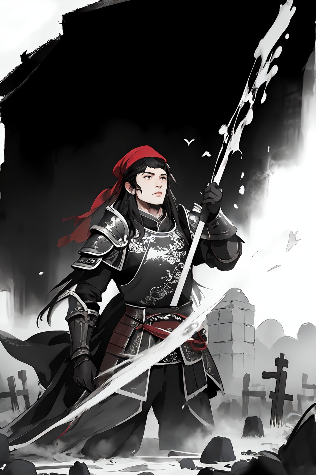 a man,china painting style,wear gloves on your hands,black gloves,long hair,black hair,wear a headscarf,red headscarf,armor burly,dynamic visual angle,look up at,sober and grave,((wash painting)),((ink s...)),armor,silver armor,chinese ink,black and white,ink and wash style,two-tone hair,china's ancient armor,