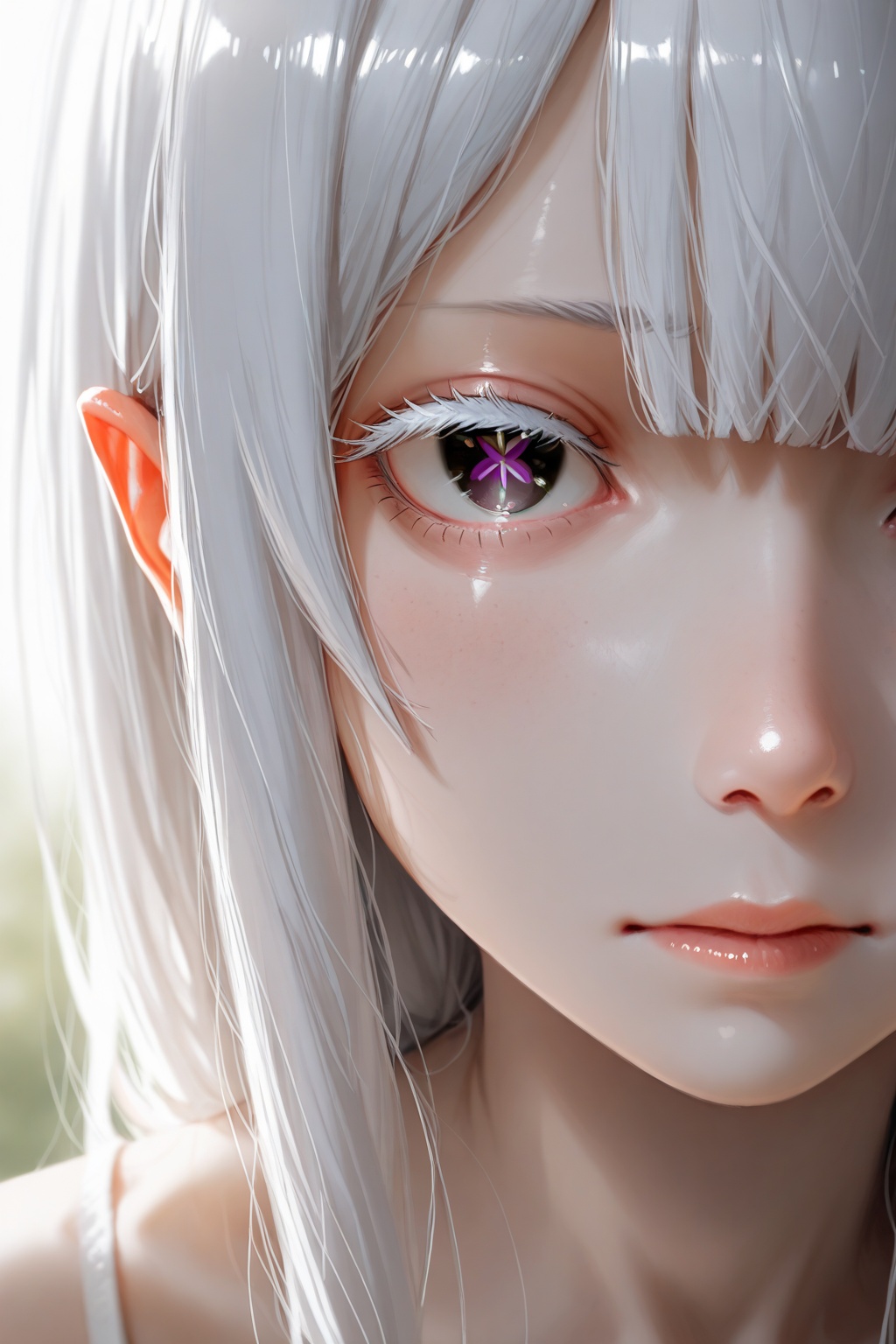masterpiece,best quality,amazing quality,very aesthetic,absurdres,newest,(dino_(dinoartforame):0.5),(yoneyama mai:0.5),(Yomu:0.3),(quasarcake:0.4),(wlop:0.3),1girl,echidna_(re_zero),re_zero,looking at viewer,face close-up,