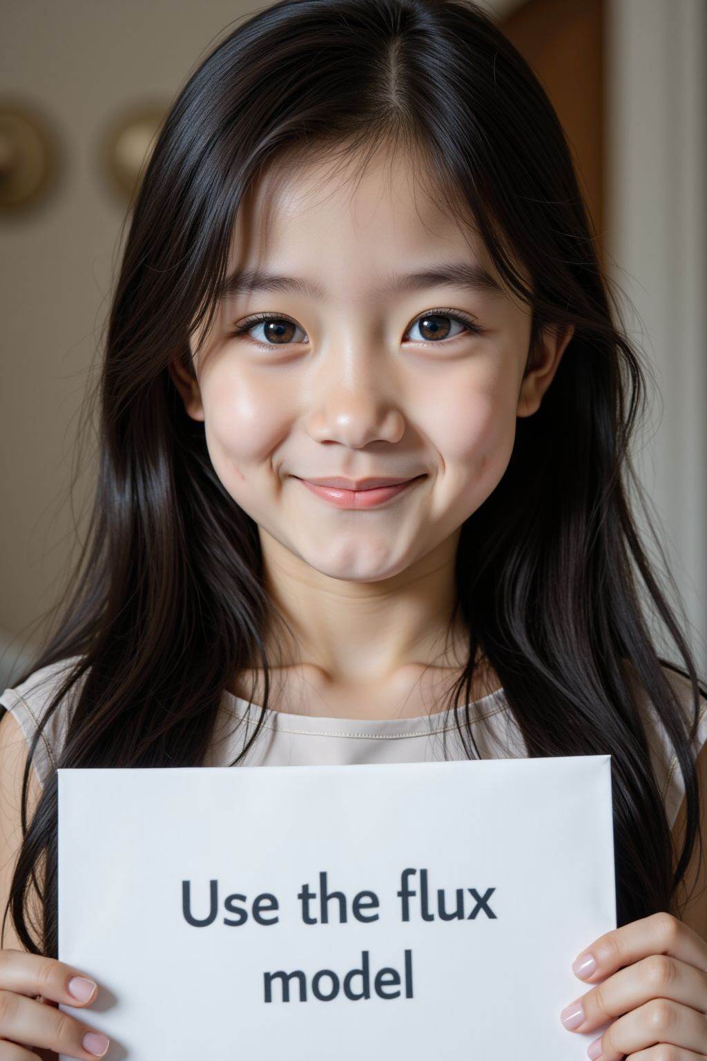 <lora:20251203_TinFlux1AgeSliderLora:-1>, instagram photo, closeup face photo of young girl, brown eyes, pale skin, smirk, black long straight hair, boatneck dress, holding a sign with text "Use the flux model",