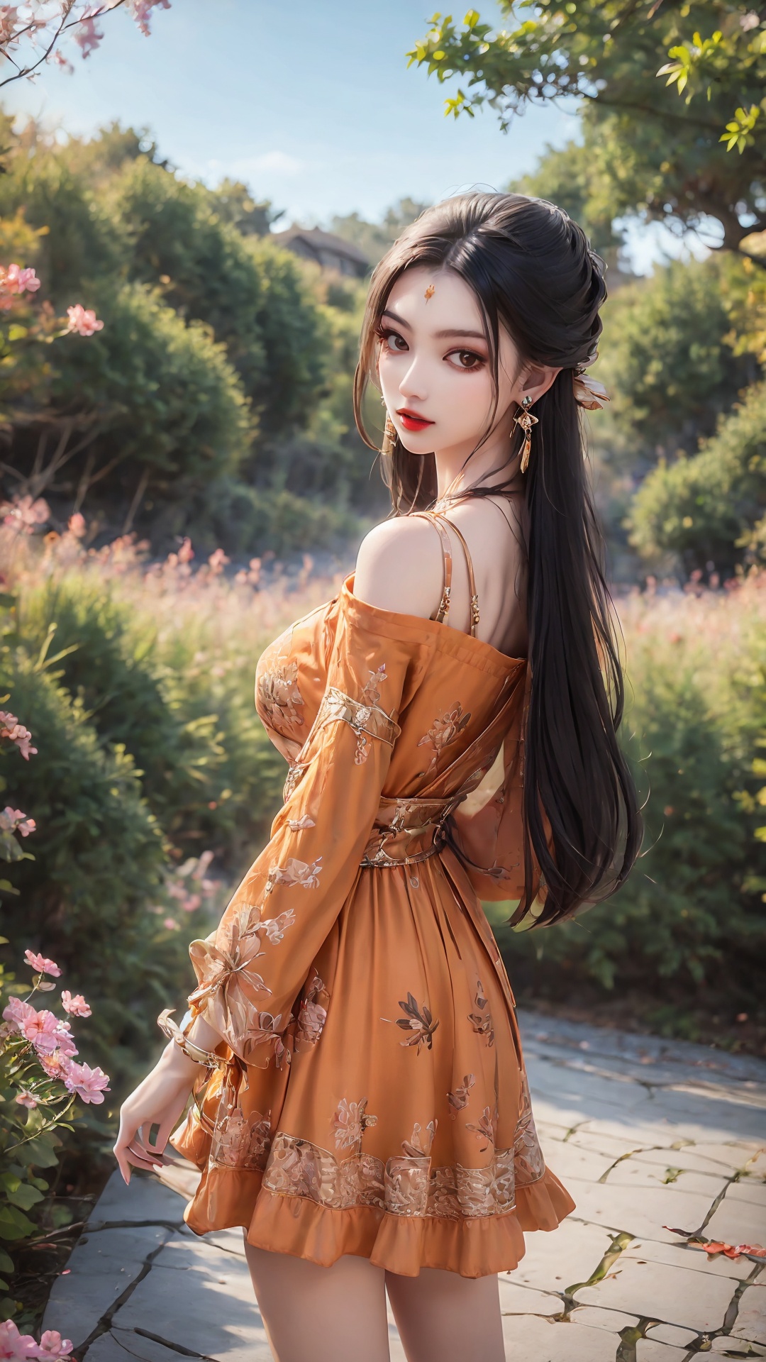 1girl, long hair, solo, jewelry, black hair, earrings, dress, orange dress, looking at viewer, wind, bird, long sleeves, looking back, standing, outdoors, parted lips<lora:girl miaojiangxiaobai_20240912173536:0.7>,