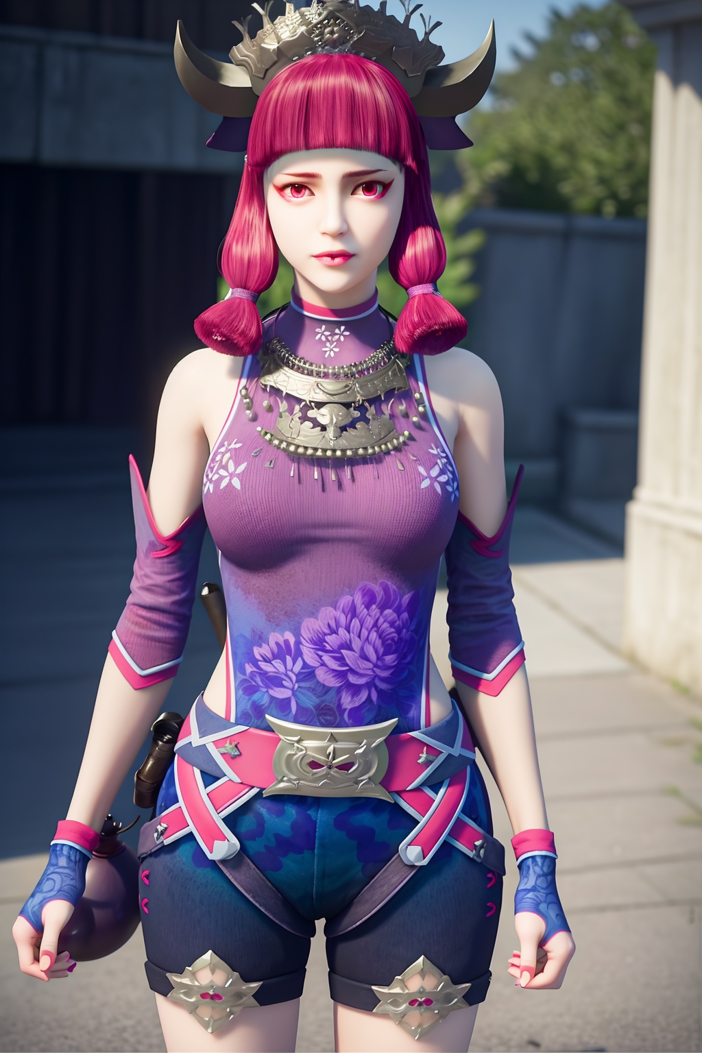 (best quality,masterpiece:1.2),ultra detailed,8k,RAW photo,realistic,photorealistic,ultra-detailed,intricate detail,extremely detailed,delicate pattern,looking at viewer,<lora:C_不良人_蚩梦_MAY_:0.7>,1girl,solo,pink hair,horns,red eyes,makeup,bangs,pink eyes,hair ornament,blunt bang,bare shoulders,detached sleeves,blet,shorts,fingerless gloves,gourd,standing,