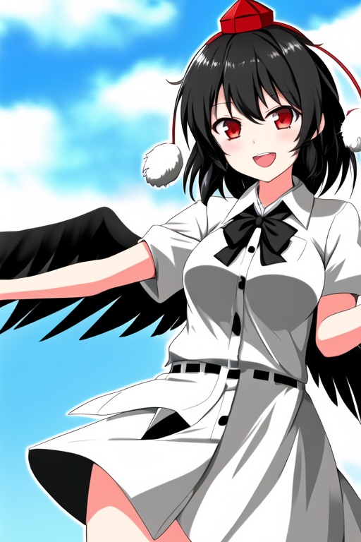 shameimaru aya,1girl,hat,solo,wings,red eyes,black hair,smile,open mouth,camera,<lora:aya5:1>,pom pom hair ornament, 