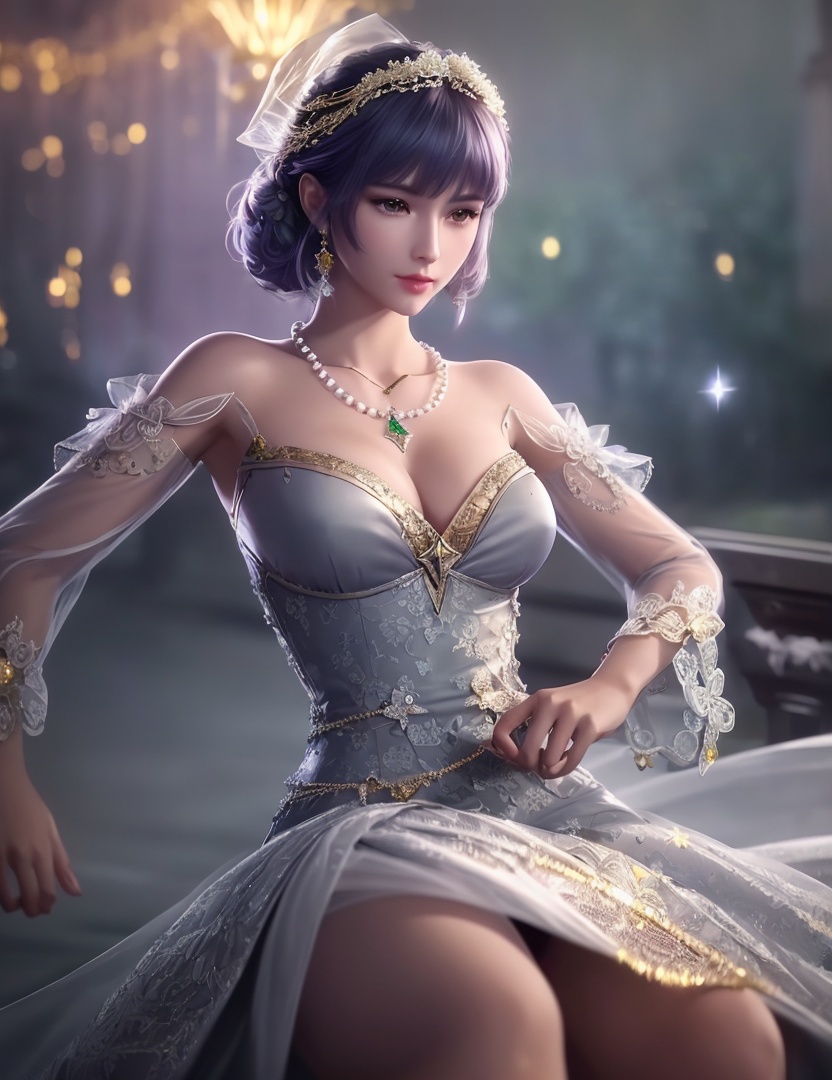 ultra realistic 8k cg, picture-perfect face, flawless, clean, masterpiece, professional artwork, famous artwork, cinematic lighting, cinematic bloom, perfect face, beautiful face, fantasy, dreamlike, unreal, science fiction,   lace, lace trim, lace-trimmed legwear,  (rich:1.4), prestige, luxury, jewelry, diamond, gold, pearl, gem, sapphire, ruby, emerald, intricate detail, delicate pattern, charming, alluring, seductive, erotic, enchanting, hair ornament, necklace, earrings, bracelet, armlet,halo((,1girl, pov,))  ((, 1girl, solo, star_\(symbol\), bouquet, pillarboxed, dress, jewelry))<lora:DA_BaiChenXiang:0.6>