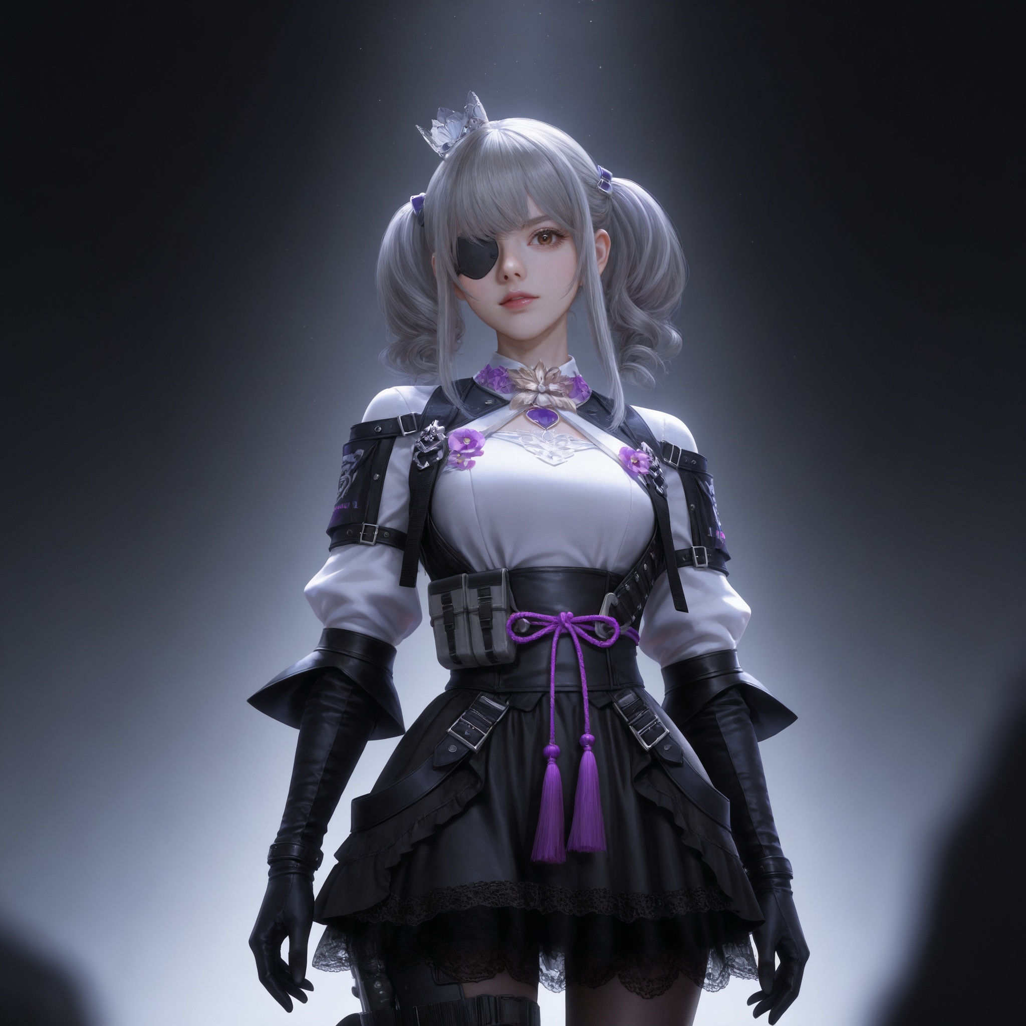 Nai3 style,realistic style photo,outstanding style,Use soft lighting to cast gentle shadows on the subject,adding a touch of dimension to your images without compromising details,whirls of vapor,(Anime:1.1),soft neon light,ethereal ambiance,delicate details,magical atmosphere,concept art,highly detailed,ultra-high resolution,32K UHD,sharp focus,best-quality,masterpiece,golden hour,unconventional supreme masterpiece,masterful details,temperate atmosphere,with a high-end texture,in the style of fashion photography,magazine style,Dynamic Angle,Dynamic posture,magazine style,Dynamic Angle,Dynamic posture,(cowboy_shot:1.2),eye trail,depth of field,cinematic lighting,lens flare,close-up,extreme aesthetic,(wlop:0.6),(honjou raita,lack,rella,wanke:0.5),masterpiece,best quality,good quality,newest,year 2025,very aesthetic,absurdres,Visual impact,A shot with tension,ultra-high resolution,32K UHD,sharp focus,best-quality,masterpiece,Emotionalization,unconventional supreme masterpiece,masterful details,temperate atmosphere,with a high-end texture,in the style of fashion photography,(Visual impact:1.2),giving the poster a dynamic and visually striking appearance, <lora:CF-关小羽v2-IL:0.7> 1girl, twintails, grey hair, drill hair,crown, brown eyes, eyepatch, black gloves,  elbow gloves,white shirt,bow,black skirt, black pantyhose, thigh strap, holster,black footwear,, realistic style,white background,upper body,looking at viewer,dynamic posture,