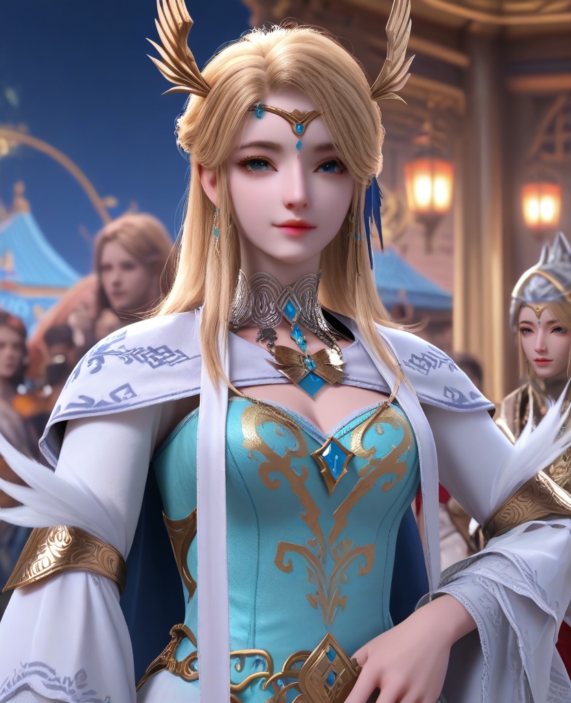 (oriental architecture, elegant decor, sophisticated style:1.1),(One hand on the hip, the other hand raised to the head,:1.1),(breasts:1.2),<lora:XL16长夜开拓者圣女维罗妮卡:0.95>,miss veronica,blue corset dress,blue eyes,blonde hair,half-up ponytail with hair over shoulder,hair ornament,jewelry,choker,tiered sleeves,earrings,, score_9,score_8_up,score_7_up,score_6_up,score_5_up,score_4_up,3d rendering,tag1,tag2, Cinematic Lighting,backlighting,