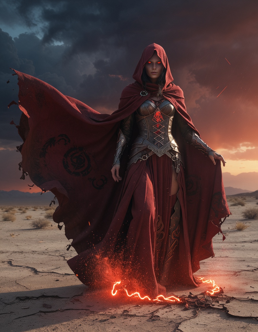 a powerful crimson witch standing on a cracked desert floor,  red glowing runes floating around her hands,  tattered cloak...