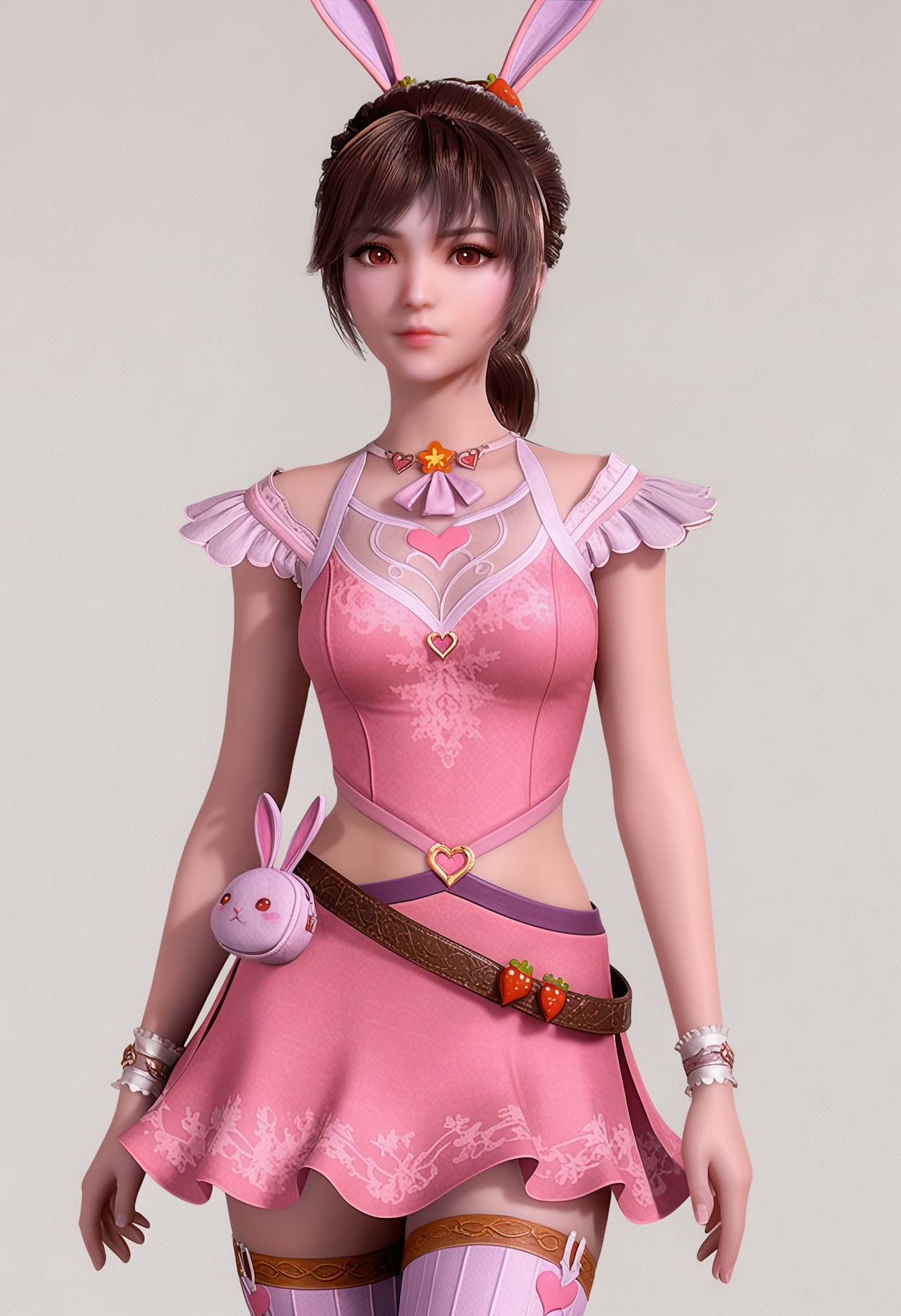 score_9,high detail,best quality,shiny skin,shiny,xiaowuqn,1girl,solo,brown eyes,brown hair,ponytail,rabbit ears,long hair,pink dress,dress,white background,realistic,simple background,hair ornament,closed mouth,jewelry,heart,breasts,pink skirt,belt,thighhighs,looking at viewer,thighs,<lora:QQSponyxiaowuqnV1:0.8>,<lora:Pony_DetailV2.0:0.8>,<lora:皮肤凹痕:0.1>,