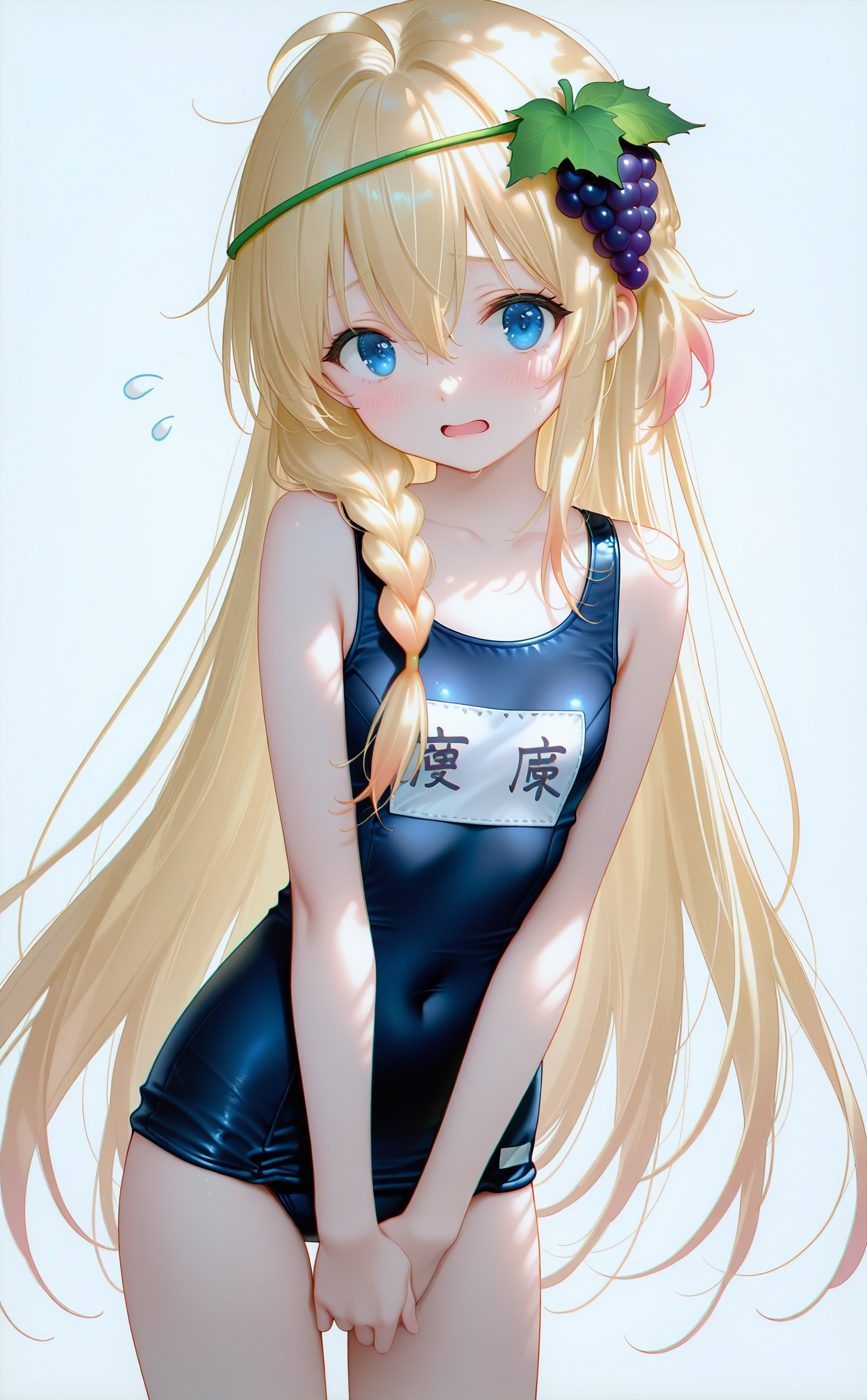 masterpiece,very aware,highres,absurdres,newest,best quality,loli,petite,high quality,chromatic_aberration,White Theme,//,loli,iris_(konosuba),1girl, solo, swimsuit, blonde hair, long hair, white background, blue eyes, one-piece swimsuit, braid, school swimsuit, old school swimsuit, flying sweatdrops, grapes, hair ornament, simple background, covered navel, collarbone, open mouth, blush, hair between eyes, very long hair, bare arms, bare shoulders, single braid, name tag, looking at viewer, black one-piece swimsuit, food-themed hair ornament, jaggy lines, fruit, own hands together, cowboy shot, food, side braid, v arms//,photorealistic,Artist:na-ga,(quasarcake:0.2),(wanke:0.9),[Artist:chen bin],Artist:tidsean,[Artist:sk (askzy)],(artist:tokkyu:0.5),(artist:momoko (momopoco):0.5),Artist:himitsu_(hi_mi_tsu_2),//,<lora:nyalia2——【noob】hans:0.7>,<lora:shaoyan2——【noob】hans:0.4>,<lora:PVC5——【noob】hans:0.4>,