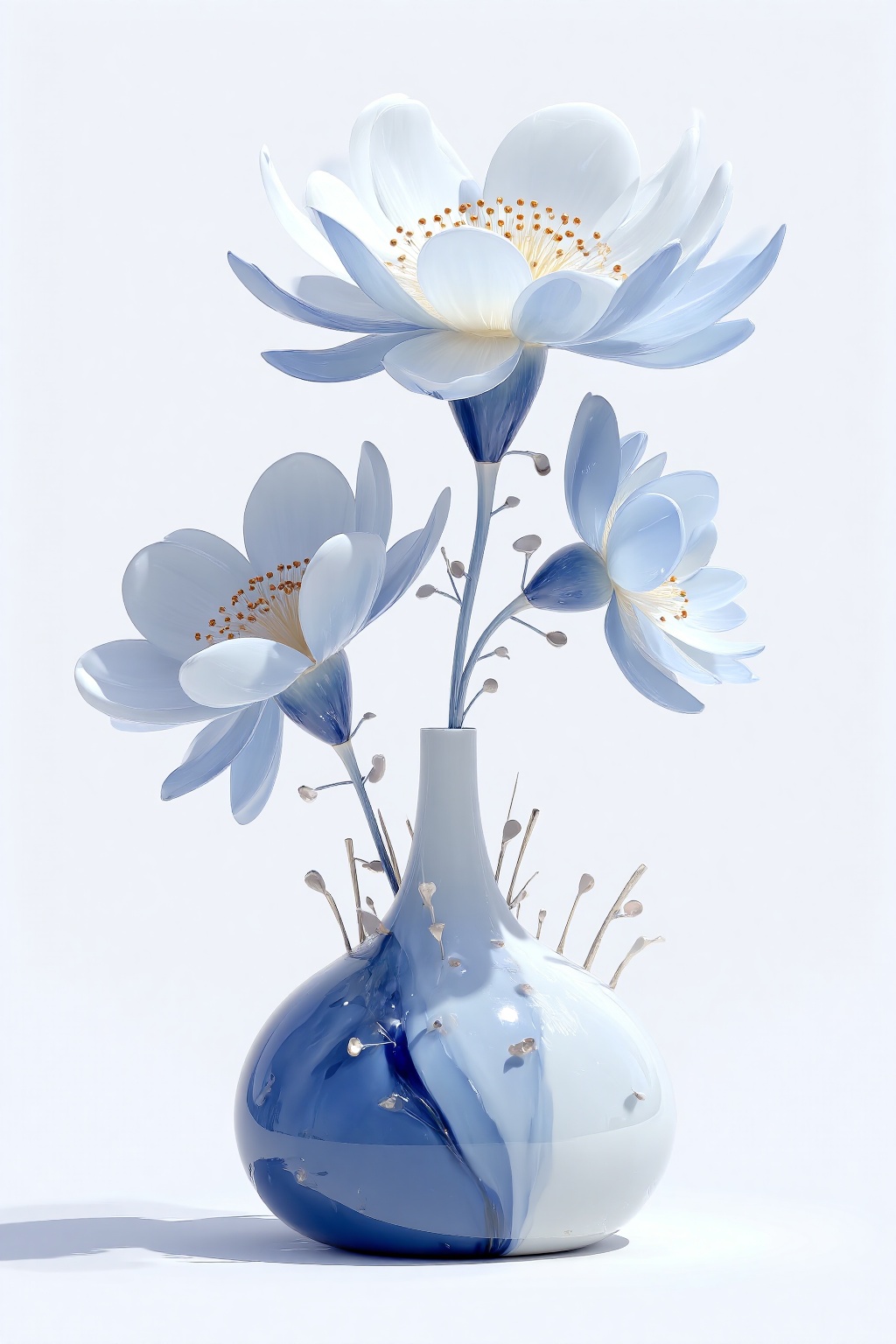 beijihui,A 3D rendering of a blue glass vase with a white flower in the middle. The vase is made up of a light blue glass that has a reflection of the flower on it. There are three white flowers in the vase. The flowers have small holes in them that are sticking out of them. There is a white background behind the flowers.