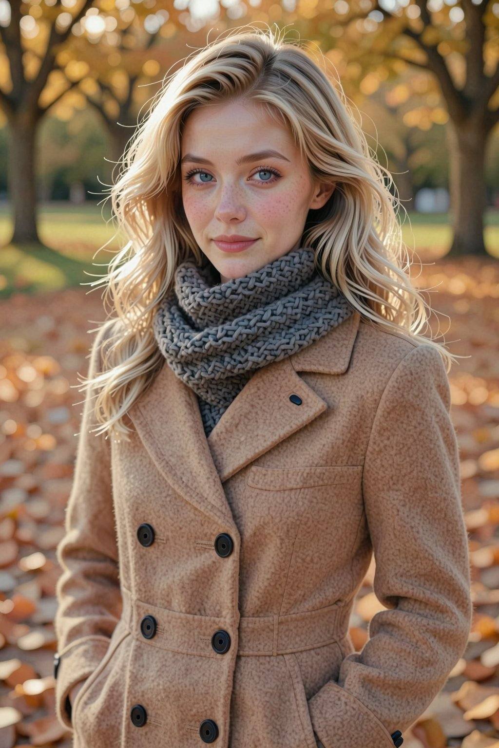 Photograph of a young Caucasian woman with wavy,  shoulder-length blonde hair and fair skin,  standing in an autumnal park...