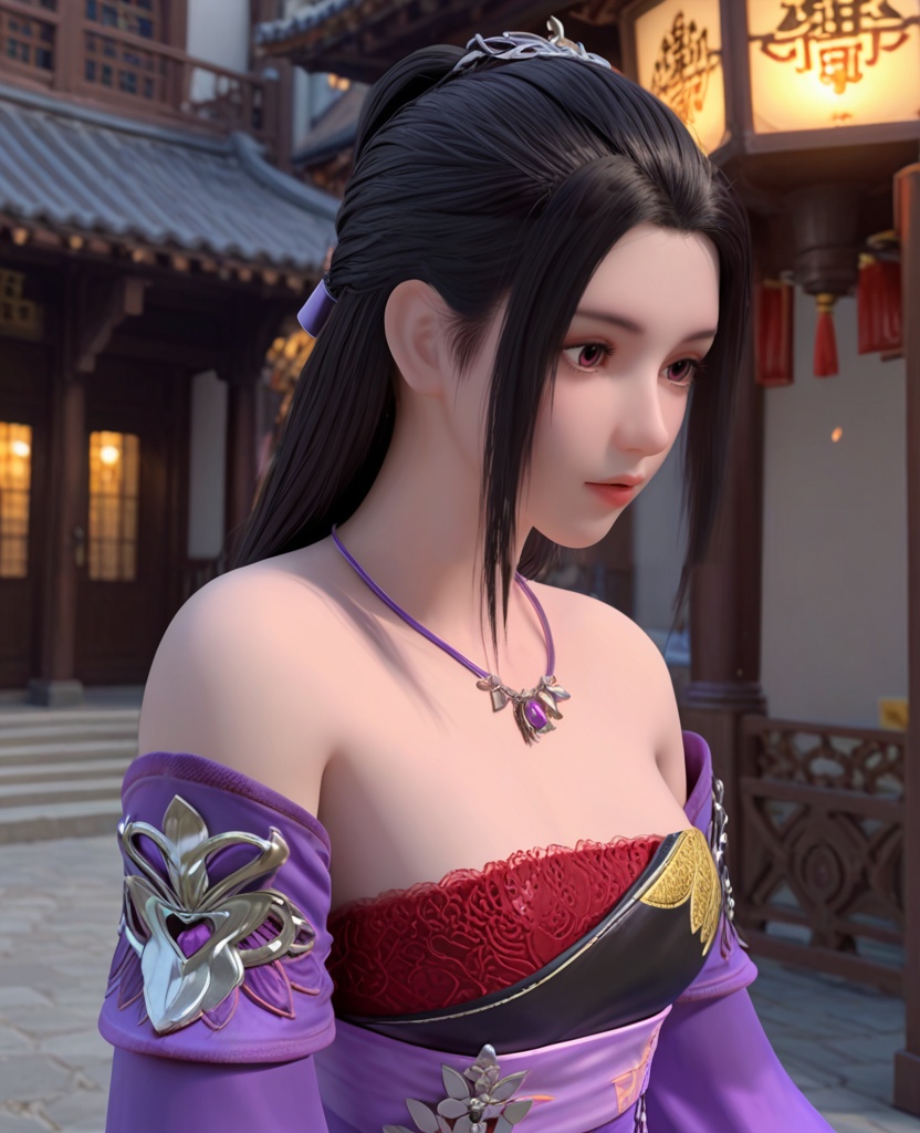 (oriental architecture, elegant decor, sophisticated style:1.1),(slouching:1.1),(breasts:1.2),<lora:XL雪鹰领主孔悠月:0.95>,miss kongyouyue,purple paired with black strapless dress,black hair,long hair,jewelry,detached sleeves,purple eyes,double cuffs,red bra,sash,eyelashes,, score_9,score_8_up,score_7_up,score_6_up,score_5_up,score_4_up,3d rendering,tag1,tag2, Cinematic Lighting,backlighting,