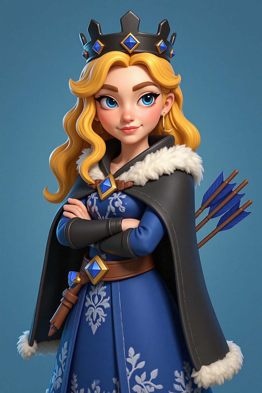 3D,A girl with golden curly hair,wearing a black crown studded with sapphire. Her eyes are bright blue and confident,her arms crossed confidently over her chest.,She wears a blue dress adorned with delicate patterns,tied around the waist with a brown belt,in the center of which is set a blue diamond-shaped gemstone. She drapes herself in a black cloak,the edges of which are trimmed with white fur,exuding an aura of grandeur and magnificence.,On her back,she carries a quiver containing several arrows with blue arrowheads,hinting at her proficiency in archery,. set against a solid blue background.,