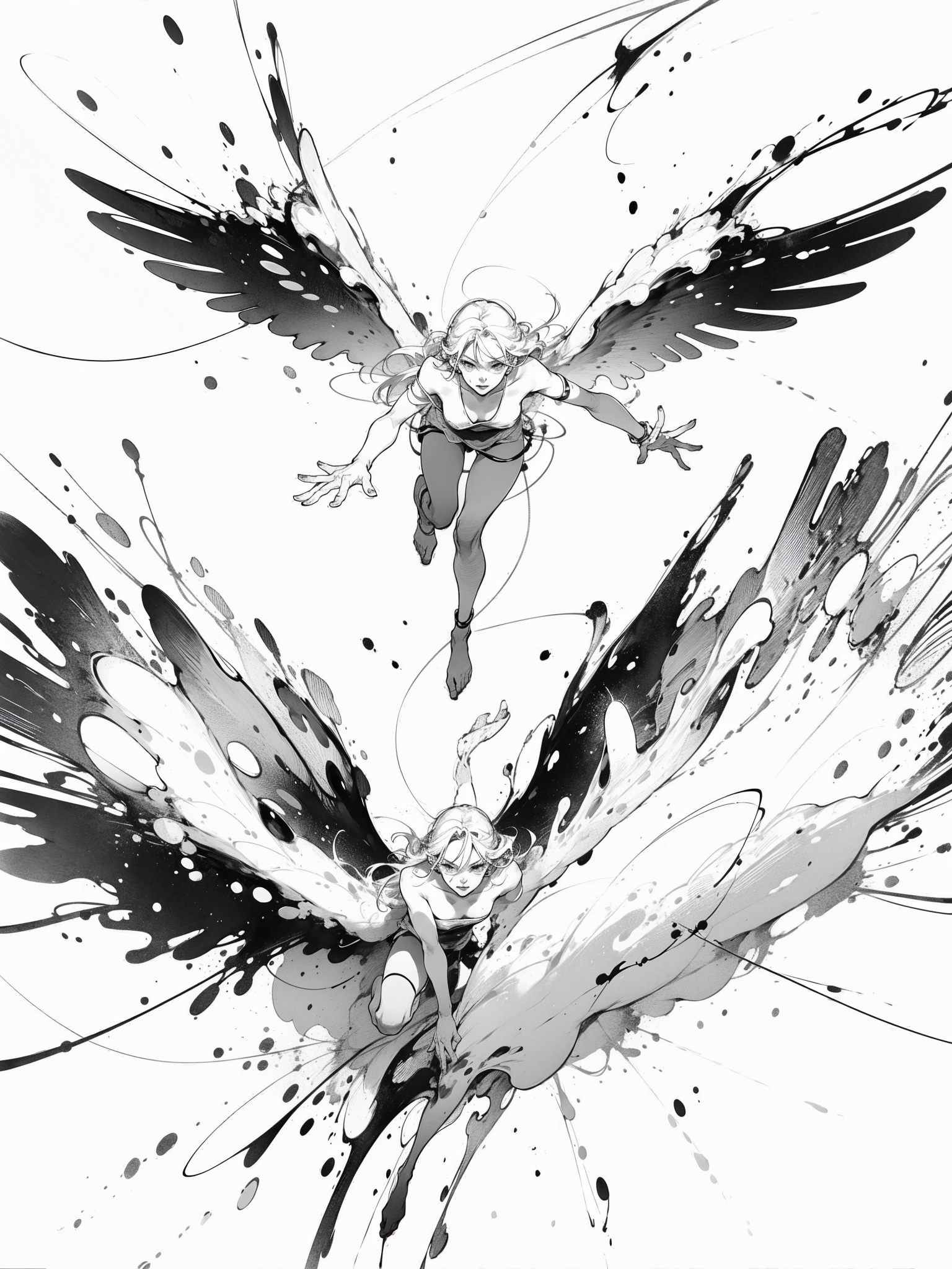 ((Character Sketch XCYP), (Black  and  White Pen  and  Ink Drawing: 2.0), High Abstract, Minimalist Style, Thick Lines, Smooth Lines, Clean, Perfect Composition, High Contrast, Strong Black  and  White Contrast, Masterpiece, Award-Winning Piece, Best Quality, Masterpiece, 8K, High Resolution.)perfect hand.an angel swoops down from the sky,from below, open wings,two wings,flying forward to the viewer,
