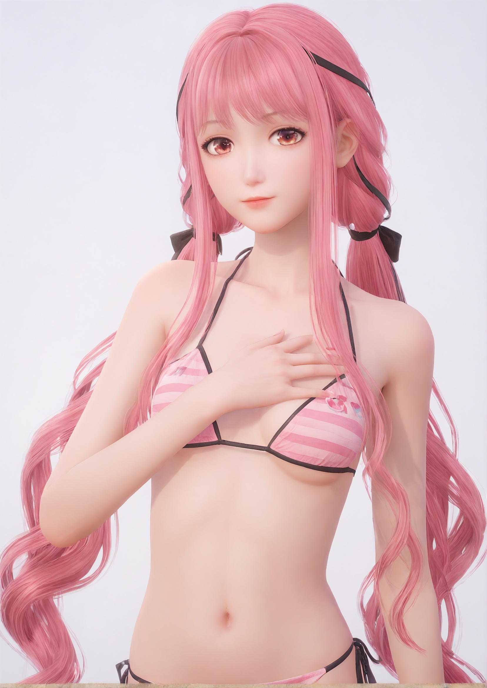 <lora:暖暖e:0.5>nikki_(nikki),adolescent, twintails, pink hair, looking at viewer, bikini,white background,