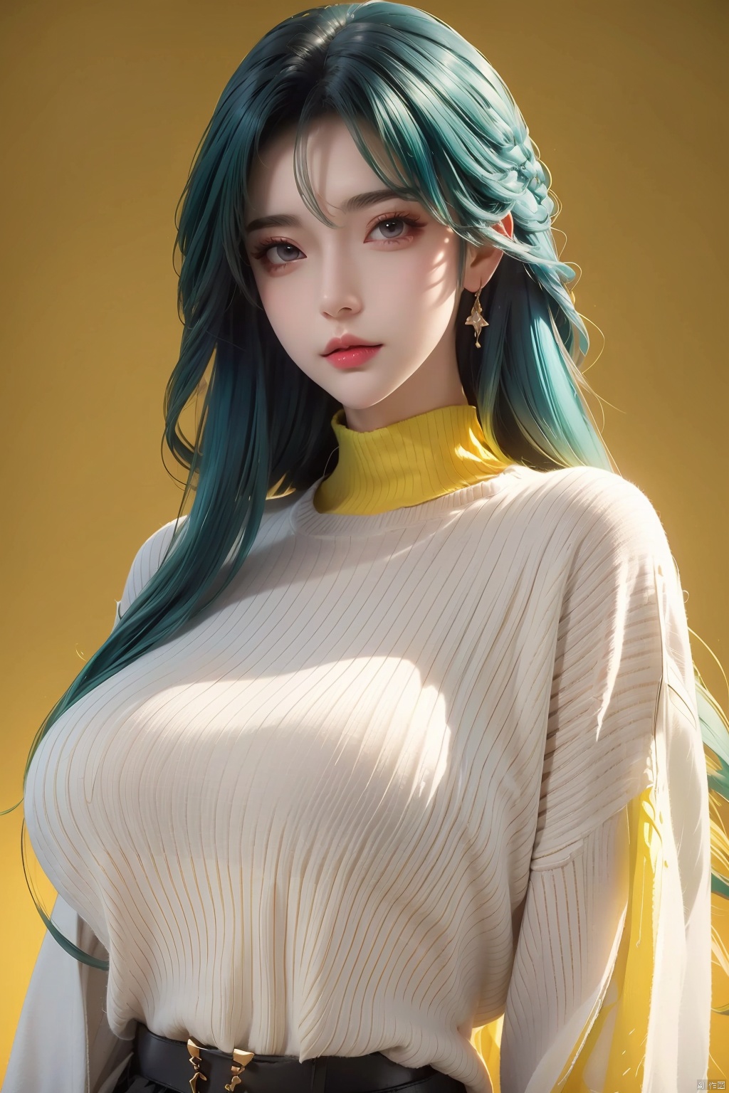 illustrator, anime, realistic, 1girl, lip, Sweater, order, Yellow gradient background, Neon hair, Textured crop, Canadian, (masterpiece, best quality),Big Breasts<lora:EMS-254762-EMS:0.300000>, <lora:EMS-300715-EMS:0.800000>, <lora:EMS-303737-EMS:0.300000>