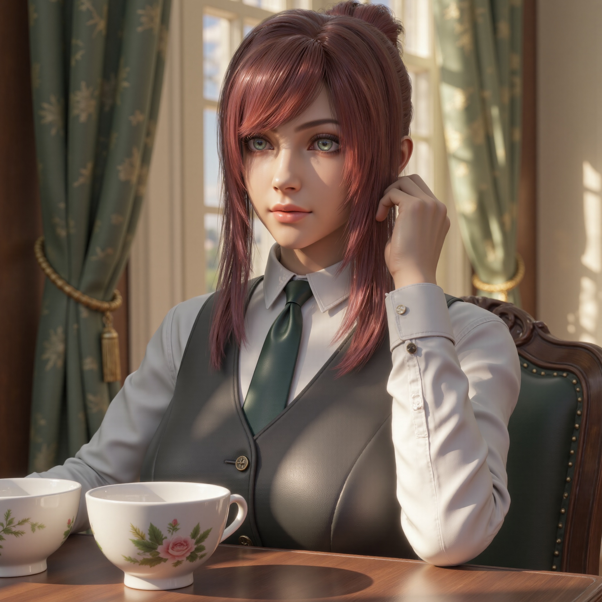 mh style,ChengSisi,reddish-brown hair,vibrant teal eyes,wearing a white collared shirt,dark grey vest with decorative buttons,and dark green tie,close-up portrait seated beside an antique wooden table,a finely crafted porcelain tea set in soft focus before her,golden sunlight streaming through gently fluttering silk curtains,illuminating delicate floral patterns on the cups,calm and serene atmosphere,aroma of freshly brewed tea,soft ambient lighting,masterpiece,highly detailed,32K UHD,