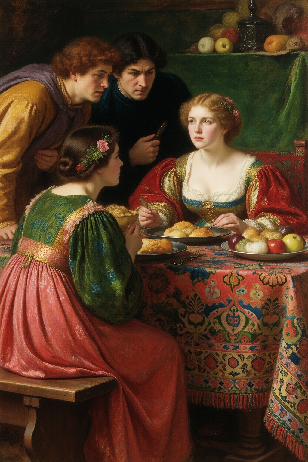 John Everett Millais style,  Lorenzo and Isabella at a medieval banquet,  her brothers suspicious on Tensor.Art