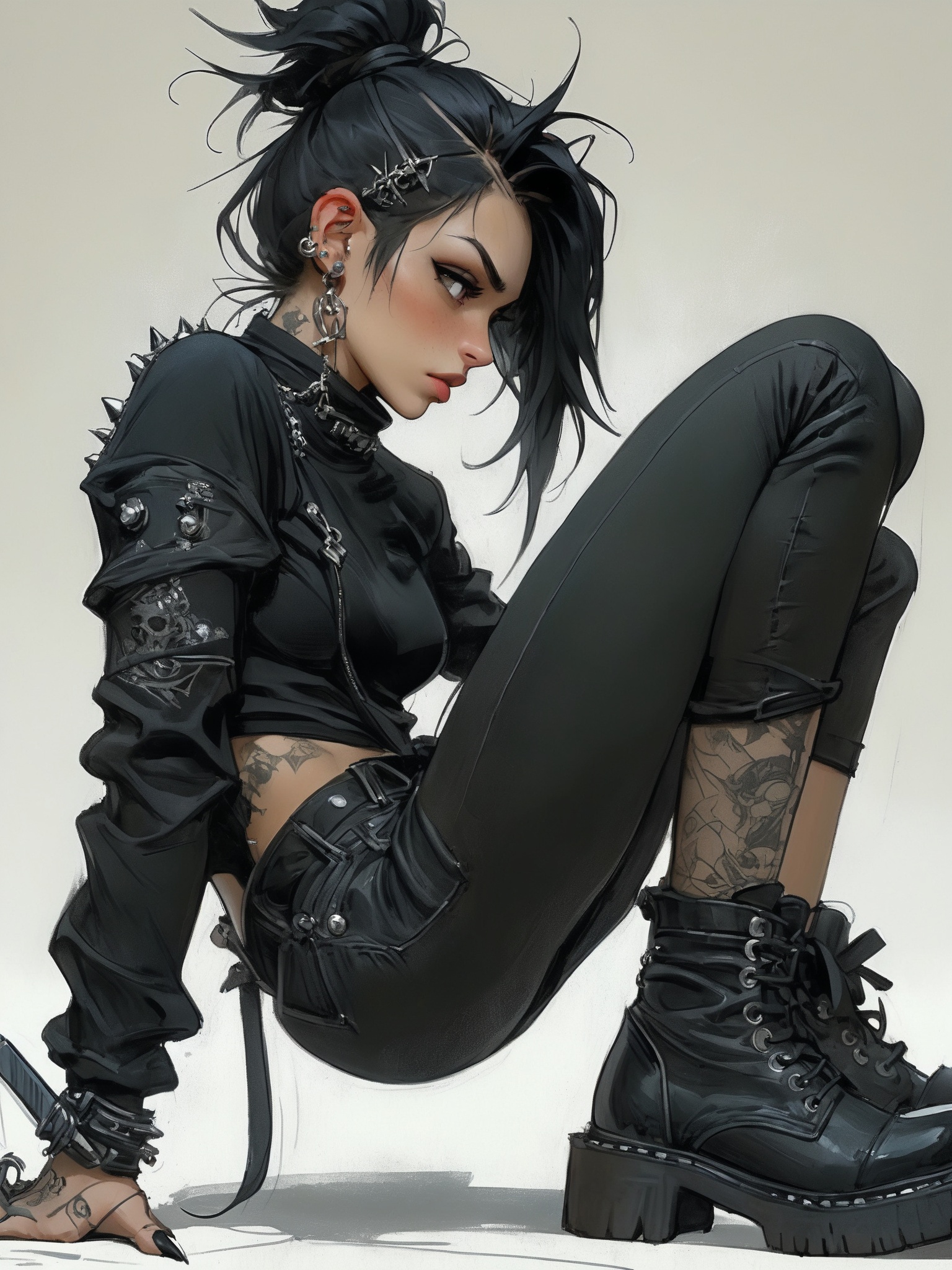 goth girl,  her messy jet black hair is pulled back in a ponytail,  the scars over her face are prominent but look old on...