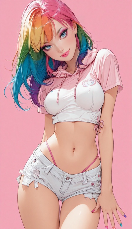 fl!rt, masterpiece, best quality, highly detailed, score_9, score_8_up, 1girl, solo, (30 years old), long hair, (rainbow hair:1.3), colorfull hair, rainbow colors, blunt bangs, blue eyes, thick eyeliner and mascara, long eyelashes, pink lipstick, colorful nails, slender body, medium breasts, short hoodie, navel, pink thong, short shorts, seductive, happy, sexy posing, dynamic pose, dynamic angle, simple background, vibrant pink background, highly detailed, vivid <lora:Flirtatious_-_v1:1>