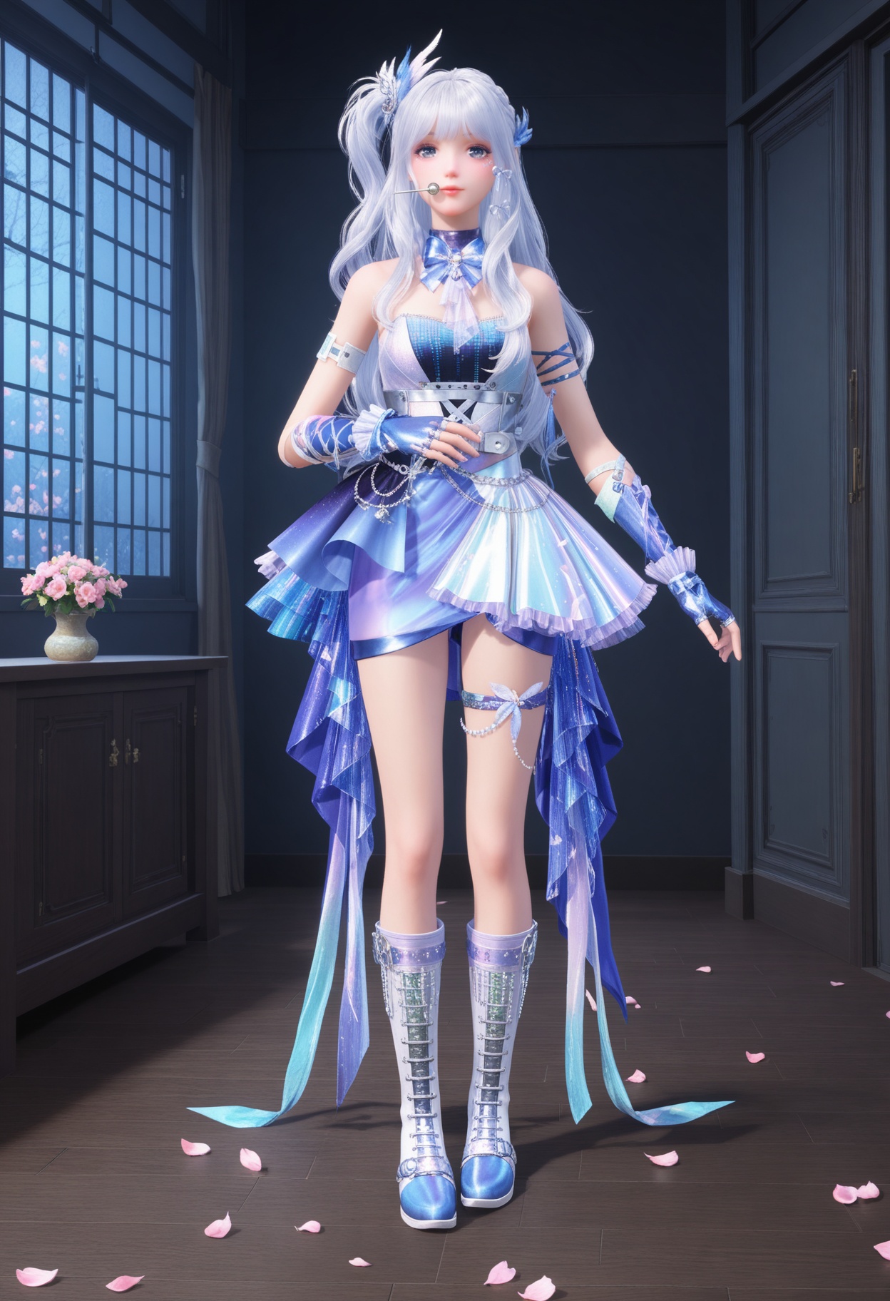 (full_body:1.2),(looking at viewer:1.1),facing viewer,direct gaze,(masterpiece:1.1),(best quality:1.2),(intricate details),(smog:1.3),(Dark room:1.3),(dim lighting:1.3),peach blossom,falling petals,<lora:YQ_Illustrious光辉v5_暖暖23_星屑小梦曲_V1:0.8>,1girl,q1528437228,long hair,white hair,hair ornament,dress,fingerless gloves,boots,blue eyes,skirt,grey eyes,jewelry,one side up,belt,masterpiece,(best quality),(intricate details:0.9) BREAK (intricate details:0.9),(realistic skin:1.2),masterpiece,best quality,newest,absurdres,hiahres,