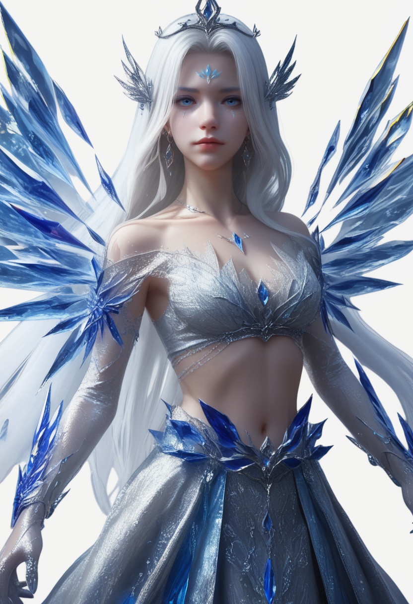 supermodel,score_8_up,score_7_up,hyperdetailed,hyperrealistic,volumetric lighting,focus on face,textured skin,eye lighting,SkinHairDetail,zPDXL,intricate and refined delicate details,unreal engine,very attractive,ultra high res,Expressiveh,realistic skin,score_9,score_8_up,score_9,score_8_up,1 girls,high cold face,yujie,jewelry,beautiful eyes,detailed eyes,best quality,<lora:云望舒神识:0.8>,long hair,blue eyes,white background,white hair,jewelry,hair ornament,skirt,long skirt,midriff,earrings,ice,simple background,tiara,crystal,wings,looking at viewer,yunwangshu,