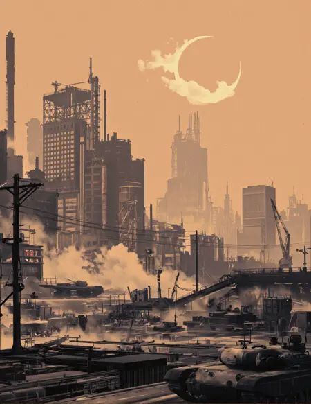 Yurimazum art style. A photograph of a cityscape during a solar eclipse,  with a hazy orange sky and a large,  industrial...
