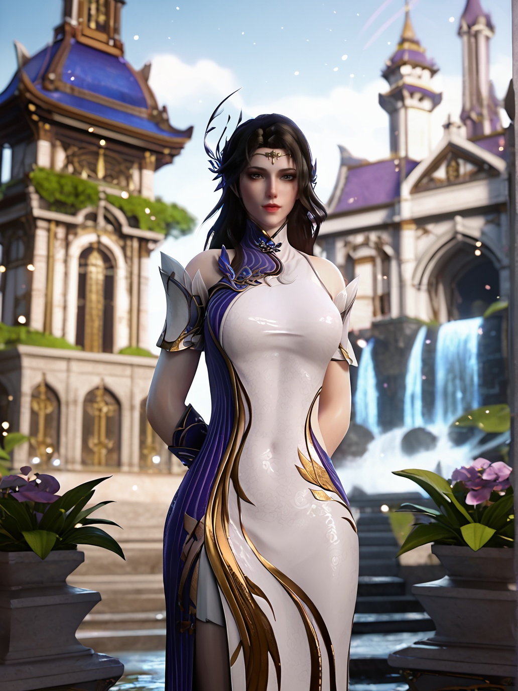 score_9,score_8_up,score_7_up,source_3d,rating_safe,<lora:xuanyi-000008:0.9>,xuanyi,1girl,solo,closed mouth,hair ornament,(forehead jewelry),china dress,arms behind back,looking at viewer,cowboy shot,(golden architecture),waterfall,garden,church,((sparkle,shiny)),((glowing)),depth of field,blurry background,