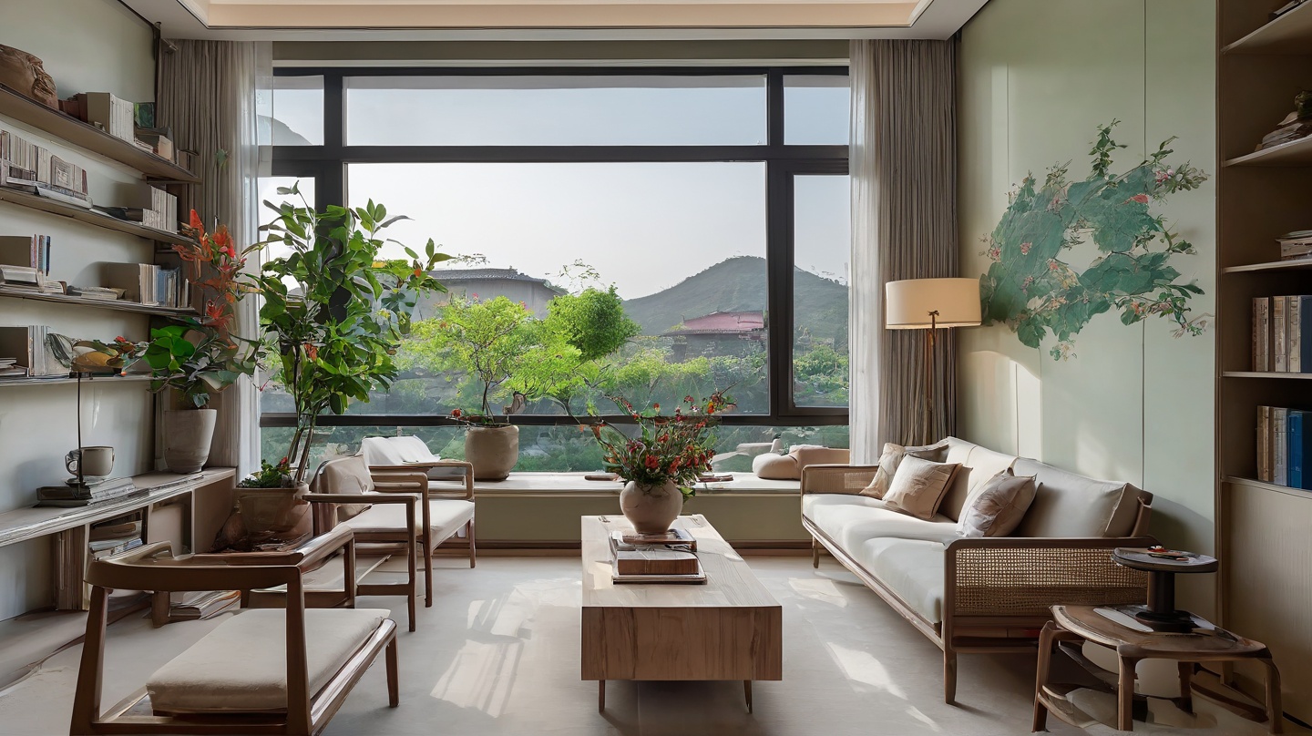 xinzhongshi,<lora:xinzhongshi XL1.0:0.8>,, no humans,window,table,couch,indoors,chair,wooden floor,vase,cup,lamp,potted plant,book,flower,shelf,plant,masterpiece,8K,reality,day,incredibly absurdres,huge filesize,