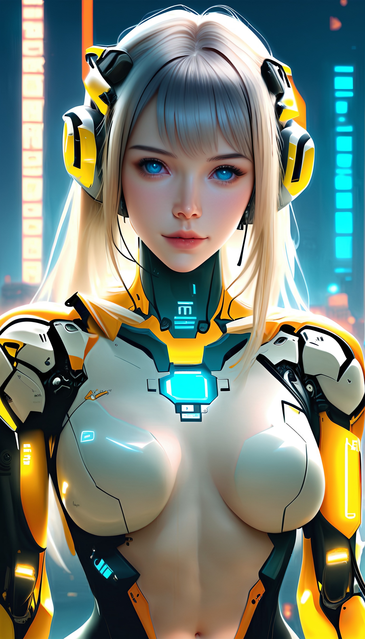 score_9,score_8_up,score_7,MAYE_X,A female character with silver-white long hair, her face and neck integrated with high-tech mechanical elements. The character has blue eyes, a calm and profound gaze, and wears a pair of large headphones.Visually, she is dressed in a white bodysuit with a hollowed-out abdomen exposing a sexy navel, and her shoulders and chest are adorned with complex mechanical structures, primarily in black and gold, flickering with blue and orange lights. The design of the suit is both modern and futuristic, displaying a high degree of technical detail. The background is a bustling city nightscape with brightly lit high-rise buildings, creating a harmonious contrast with the character's futuristic technology image.