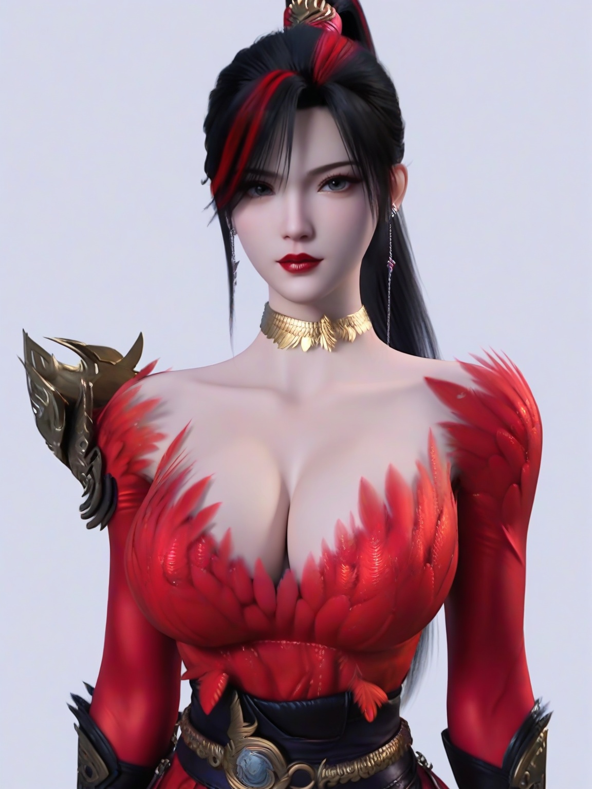 score_9,1girl,solo,breasts,large breasts,lipstick,black hair,red dress,choker,two-tone hair,eyelashes,feathers,ponytail,earrings,belt,looking at viewer,white background,simple background,<lora:SF_ZhaoXiangEr_Pony_Realism2.3-000004:0.7>,