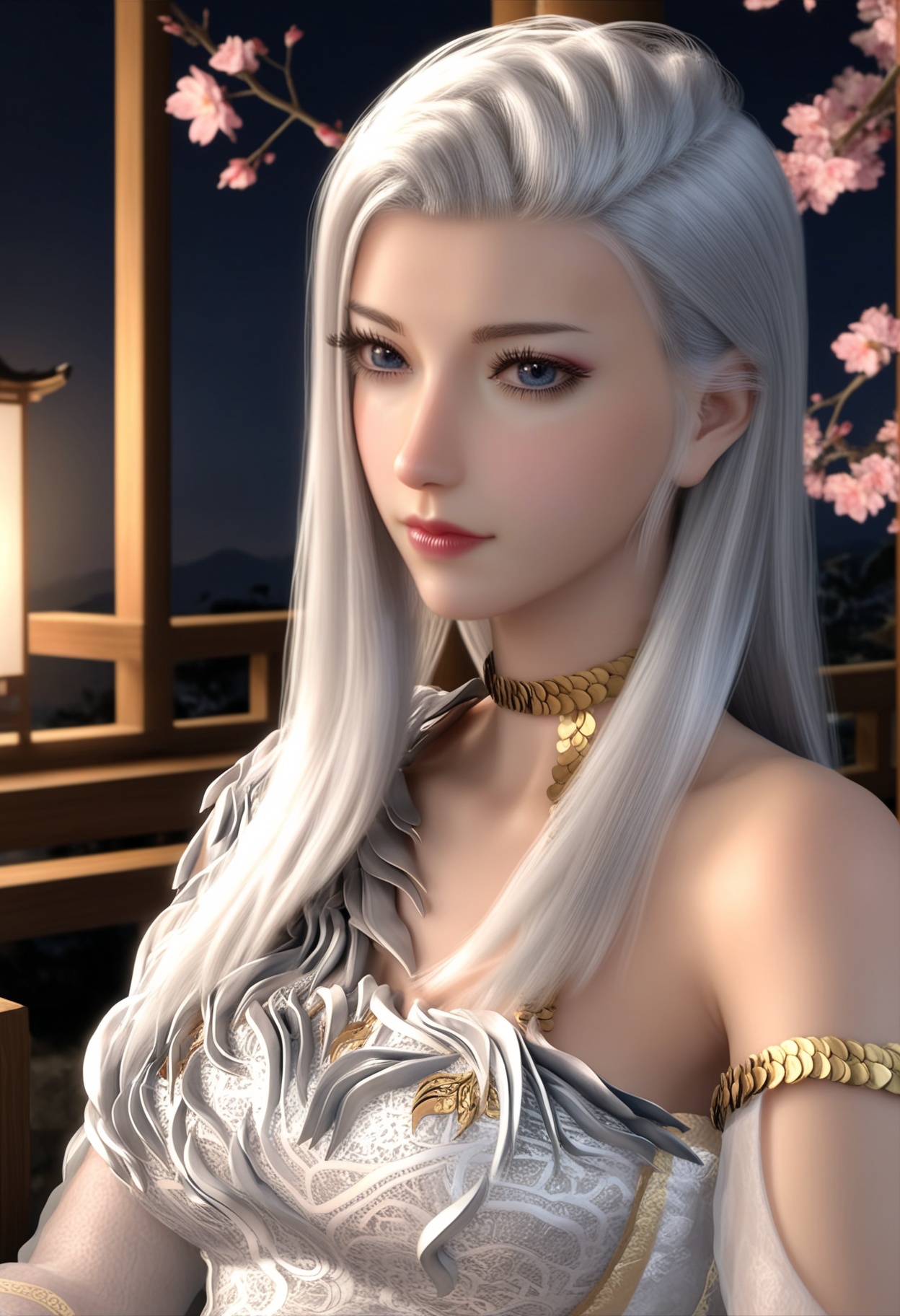 masterpiece,best quality,amazing quality,very aesthetic,high resolution,ultra-detailed,absurdres,scenery,photorealistic,(looking at viewer:1.1),upper body,(Dark room:1.3),(moody lighting:1.1),peach blossom,falling petals,(large breasts:0.8),hexi,1girl,solo,long hair,silver hair,realistic,lips,blue eyes,dress,makeup,closed mouth,flower,white dress,jewelry,choker,eyelashes,high heels BREAK photorealistic details,<lora:QQSillhexiV1:0.8>,