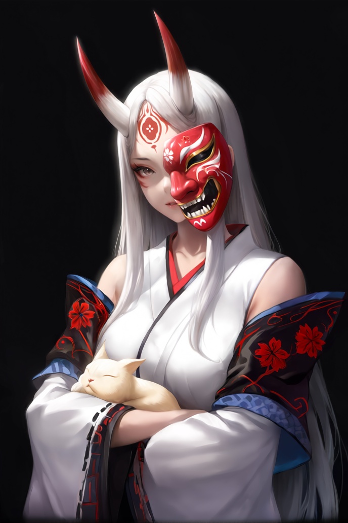 a digital painting of an anime inspired woman with long white hair,  wearing a white and black kimono,  with a red hannya...