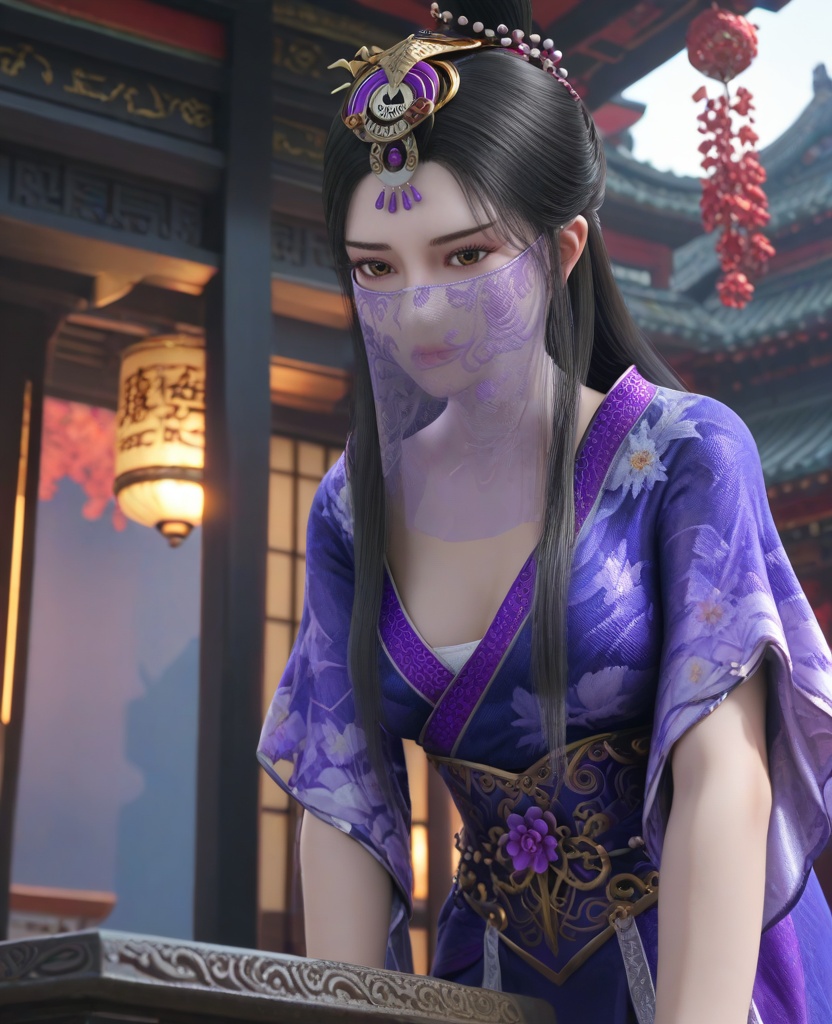 (oriental architecture, elegant decor, sophisticated style:1.1),(Leaning forward with hands on the ground, legs extended,:1.1),(breasts:1.2),<lora:XL16墓王之王圣女神差沐雪离:0.95>,miss muxueli,blue violet dress,mouth veil,brown eyes,black hair,long hair,single hair bun,hair ornament,hanging hair,floral print,sash,, score_9,score_8_up,score_7_up,score_6_up,score_5_up,score_4_up,3d rendering,tag1,tag2, Cinematic Lighting,backlighting,