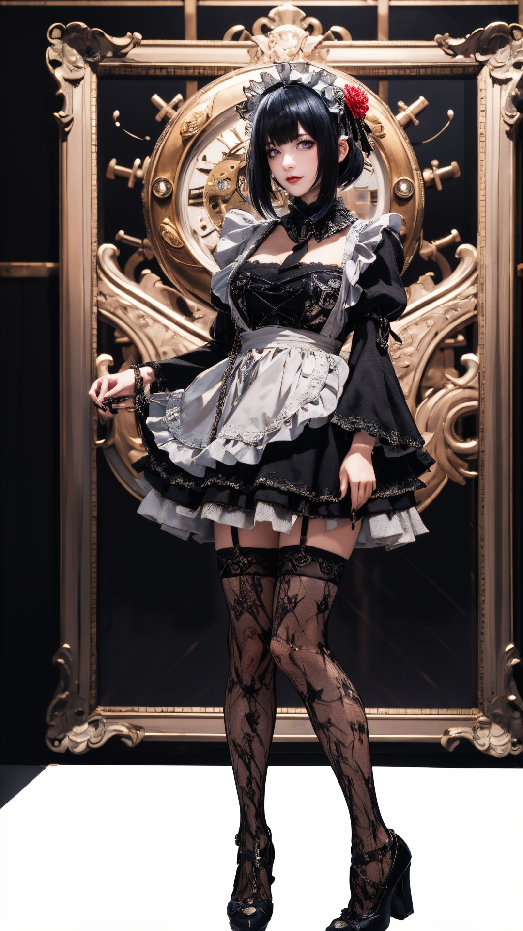 tutututu,1girl,solo,Kuroe Shizuku,lolita fashion,apron,pantyhose,gothic lolita,black dress,frills,hair flower,hair ornament,chain leash,black nails,wide sleeves,lace trim,long sleeves,rose,black footwear,black necktie,maid,fishnets,maid headdress,detached collar,red flower,thighhighs,hairband,chain,floral print,lolita hairband,garter straps,black thighhighs,lace,<lora:Kuroe Shizuku_Lolita-000007:0.5>,masterpiece,high quality,3d,8k cg,intricate details,detailed background,sacred,ornaments,absurdres,(incredible absurdity),(wallpaper),(8k hd),solo focus,cute smile,correct posing,detailed clothing,detailed body,correct body anatomy,extremely beautiful and delicate anime face and eyes,minute details,intricate details,delicate,gilded frame,(detailed light),((1girl)),solo,(full body),Blue hair,prosthesis,mechanical arms,synthetic skin,porcelain,pearl,holographic,titanium,diamond,ruby,sapphire,gemstones,clockwork,grunge,worn edges,((armor)),((steampunk)),((cyberpunk)),((intricate details)),((ornaments)),((prosthesis)),((clockwork)),standing,hair ornamen,high heels,layered backgrounds,(gorgeous background),dynamic angle,delicate background,(shine),ganyu,twin horn,Outside,castles,towns,carriages,European buildings,Ganyu \(Genshin Impact\),byDylanKowalski,<lora:ganyuGenshinImpact_v20:0.3>,<lora:ScifiProsthesisStyle_epoch000006:0.2>,