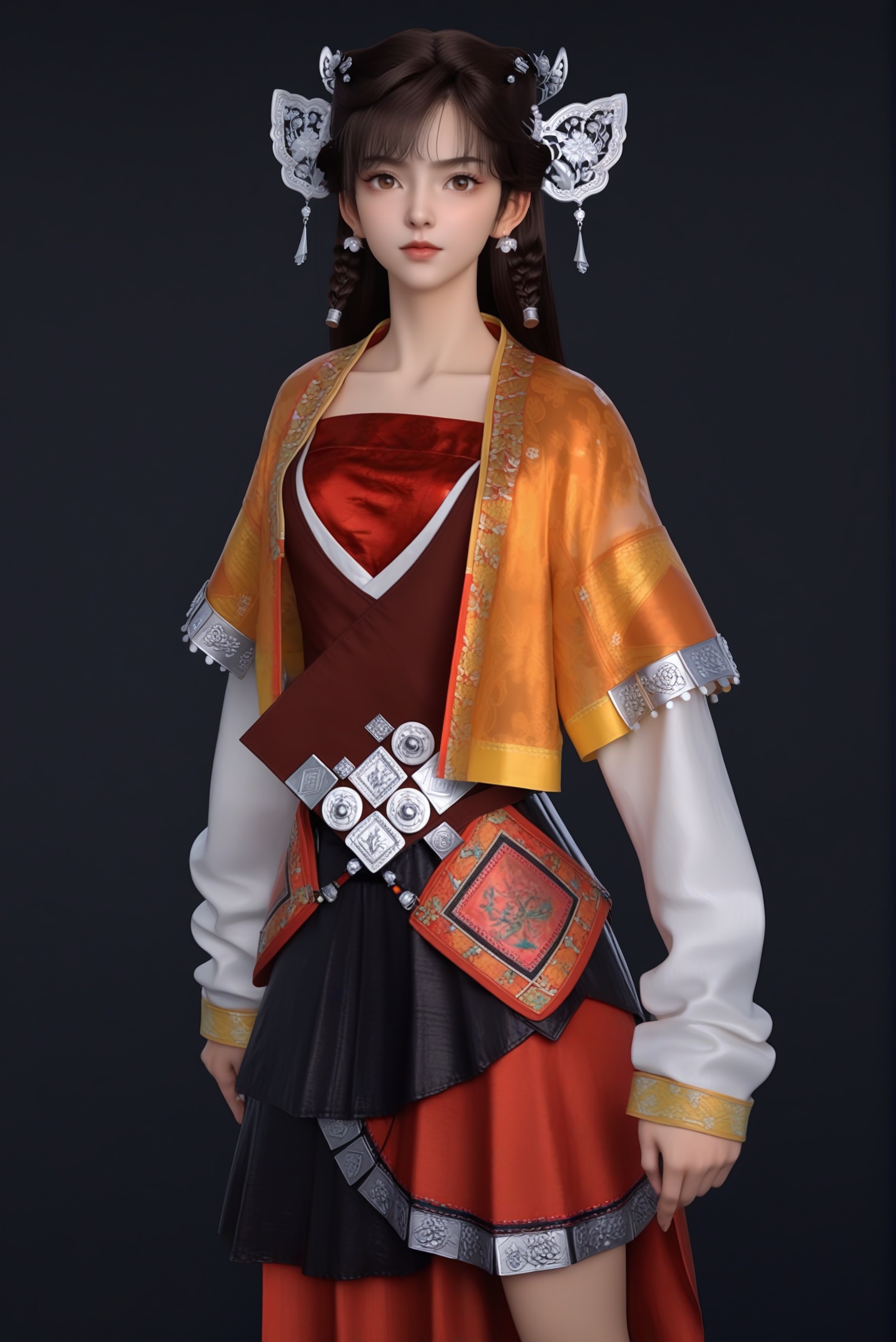 (score_9),xuejian,<lora:雪见-pony-000008:0.85>,1girl,solo,dangling tassels,filigree design,butterfly-shaped hairpiece,silver hairpins,hair ornament,dark brown hair,pearl beads,pearl earrings,twin braids,long hair,light blush,brown eyes,layered_dress,short jacket,red tube top,puffed sleeves,white inner sleeves,waist belt,embroidered cuffs,red skirt,traditional chinese footwear,standing,(pleated skirt),black skirt,red long_skirt,black short_skirt,collarbone,looking at viewer,front view,pose,(ready_to_draw),BREAK<lora:e肤色滑块:0.6>,(white_skin:1.1),(fair_skin:1.1),realistic,<lora:皮肤凹痕:1.2>,simple background,black background,