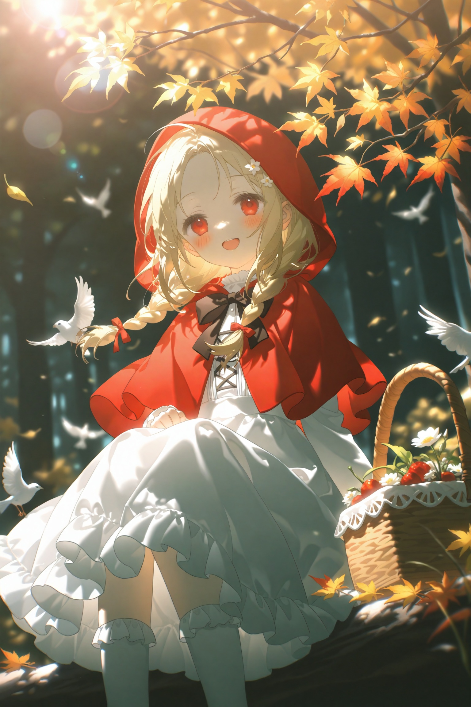masterpiece,very aware,highres,absurdres,newest,best quality,high quality,loli,petite,chromatic_aberration,Light Blue Theme,lens_flare,dynamic_angle,cinematic_angle,//,artist:konya_karasue,//,loli,night,gothic,long dress,1girl,basket,solo,dress,long_hair,hood,blonde_hair,red_eyes,flower,looking_at_viewer,smile,sitting,outdoors,blush,white_dress,hair_ornament,leaf,autumn_leaves,white_socks,open_mouth,hooded_capelet,white_flower,hair_flower,socks,capelet,bird,:d,tree,frills,hood_up,day,braid,blurry,red_capelet,depth_of_field,little_red_riding_hood_(grimm),forehead,frilled_dress,feet_out_of_frame,picnic_basket,maple_leaf,bow,animal,holding_basket,