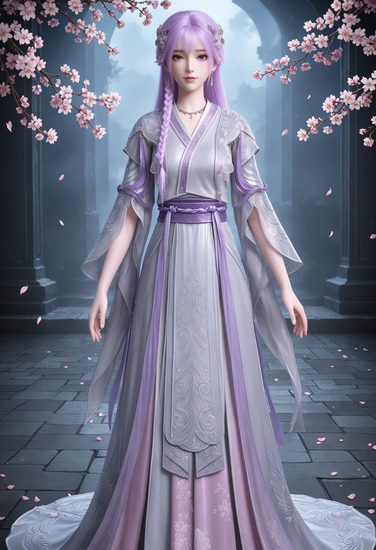 (standing full_body:1.1),(looking at viewer:1.1),masterpiece,(best quality),smog,Dark room,dim lighting,peach blossom,falling petals,<lora:YQ_Illustrious光辉v5_天穹_少女_V1:0.8>,q1528437228,1girl,solo,long hair,purple hair,jewelry,hair ornament,earrings,braid,necklace,dress,hair flower,blue eyes,pink hair,chinese clothes,green eyes,side braid,grey eyes,japanese clothes,wide sleeves,long sleeves,sash,robe,