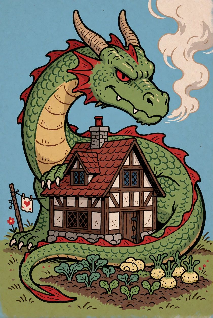 folk comic illustration. a large green dragon curled around a tiny medieval cottage,  smoke drifting lazily from its nostr...