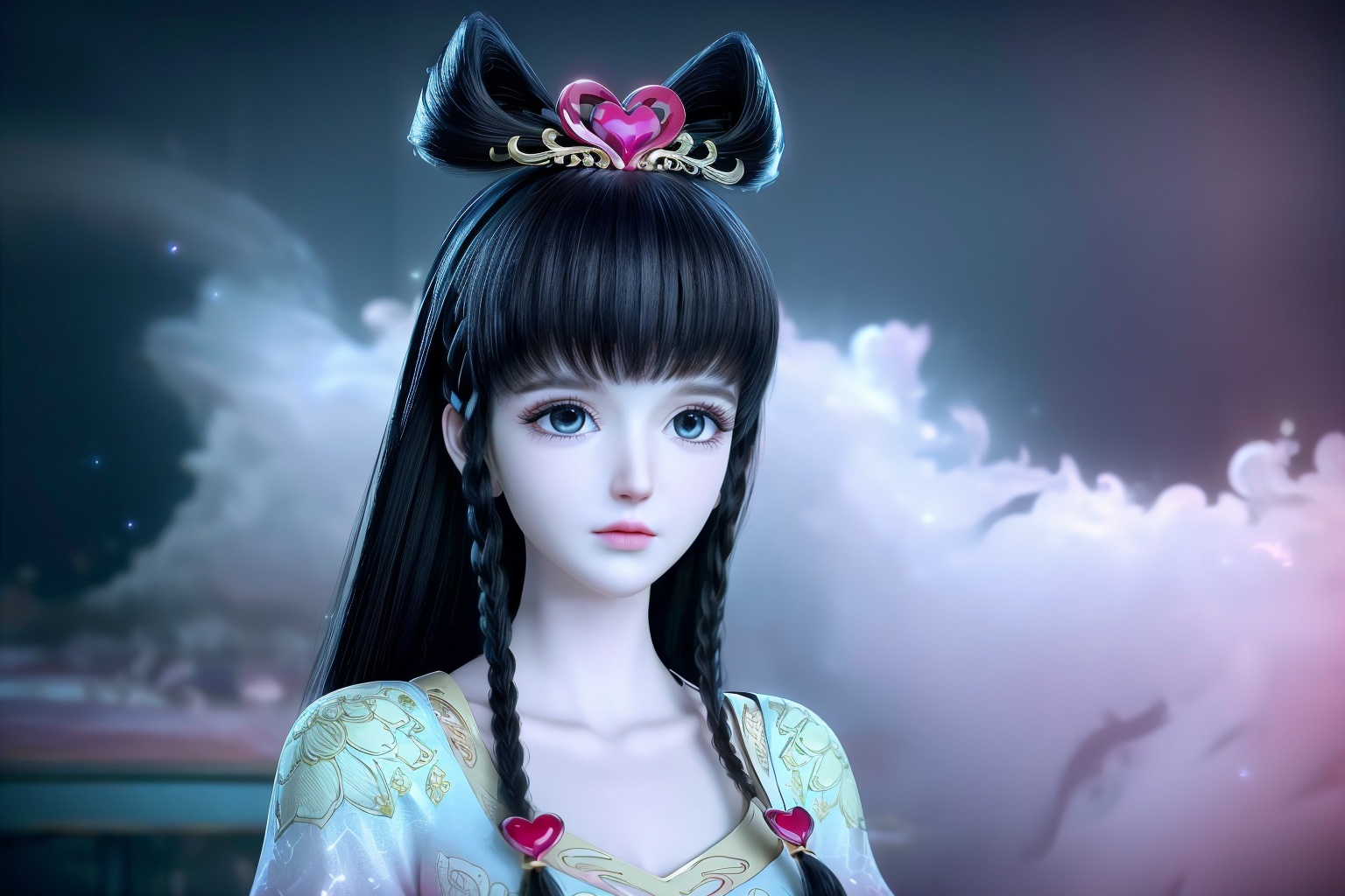 (8k, RAW photo, best quality, masterpiece:1.2),(super realistic, photo-realistic:1.3),ultra-detailed,extremely detailed cg 8k wallpaper,hatching (texture),skin gloss,light persona,(crystalstexture skin:1.2),(extremely delicate and beautiful),ultra-high resolution,surrealism,fantastical verisimilitude,fantastical creation,thriller color scheme,surrealism,abstract,psychedelic,1girl,solo,pink dress,sparkle,shine,reflection,(upper body:1.2),black hair,braid,long hair,heart,twin braids,hanfu,chinese clothes,the fog,pink smoke,black background,hair accessories,nebula,yll-hd,<lora:0720叶罗丽汉服:0.8>,ll-hd,<lora:1111白皙质感:0.5>,ty-hd,<lora:0110田野:0.6>,