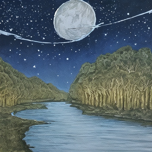 A cat,Blue tone, a curved moon-shaped river in the middle of the picture, the river is full of stars, a big cat is fishing for stars, rows of trees in the distance, some villages, minimalist, circular composition, ink painting, illustration, texture, medium shot