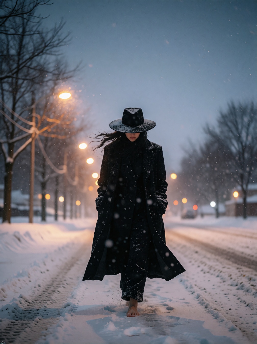 A solitary figure walks barefoot through a snow-covered street at dusk,  wearing a long black coat and a wide-brimmed blac...