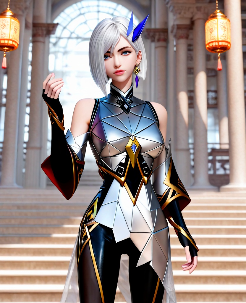 (oriental architecture, elegant decor, sophisticated style:1.1),(head tilt:1.1),(large breasts:1.2),<lora:ILCG王者荣耀东方镜:0.95>,1girl,form-fitting geometric chrome armor,blue eyes,white hair,short hair,hair ornament,earrings,black leather tights,bare shoulders,black fingerless gloves,detached sleeves,, score_9,score_8_up,score_7_up,score_6_up,score_5_up,score_4_up,3d rendering,tag1,tag2, Cinematic Lighting,backlighting,, zPDXL3, zPDXL2,zPDXL, zPDXLxxx, zPDXLrl,