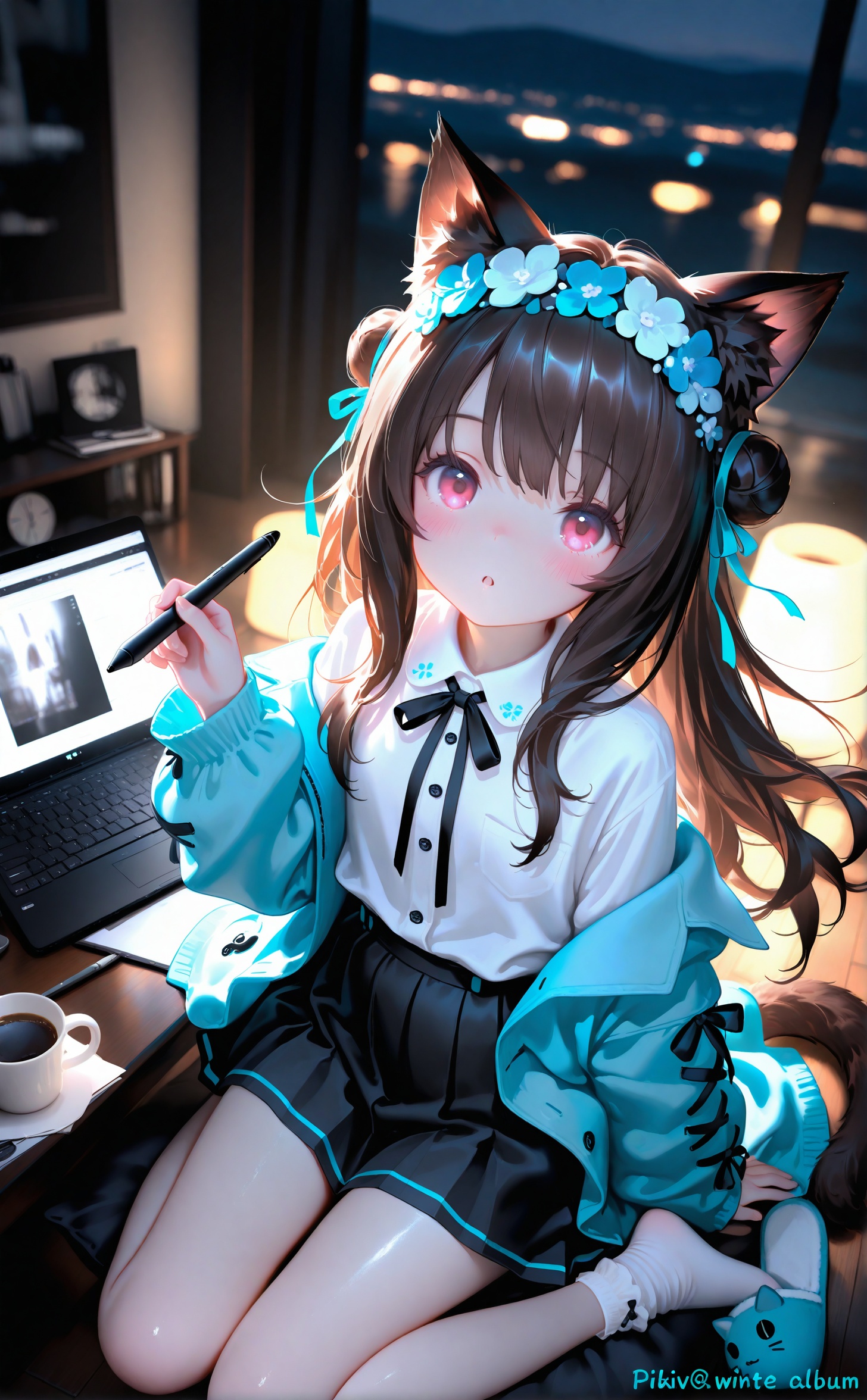masterpiece,absurdres,best quality,high quality,chromatic_aberration,night,darkness,black theme,photorealistic,high contrast,high saturation,loli,//,1girl, solo, long hair, looking at viewer, blush, bangs, skirt, brown hair, shirt, red eyes, long sleeves, bow, ribbon, holding, animal ears, sitting, very long hair, jacket, tail, hair ribbon, white shirt, pleated skirt, parted lips, open clothes, socks, puffy sleeves, collared shirt, indoors, cat ears, hand up, black skirt, pink eyes, off shoulder, hair bun, :o, open jacket, cup, animal ear fluff, sleeves past wrists, pillow, book, dress shirt, black ribbon, headphones, animal, wariza, no shoes, phone, cat, cellphone, cat girl, blue jacket, puffy long sleeves, wooden floor, mug, open book, pen, computer, slippers, pencil, laptop, keyboard \(computer\), stylus, tablet pc, mouse \(computer\), drawing tablet, holding stylus,//,official art,depth of field,detailed light,blurry background,cinematic lighting,ray tracing,ultra detailed,god rays,backlighting,photo background,film grain,chromatic aberration,volumetric lighting,depth of field,blurry background,shiny skin,floating hair,cinematic lighting,day,very aesthetic,cowboy shot,look up,head wreath,//,official art,depth of field,detailed light,blurry background,cinematic lighting,ray tracing,ultra detailed,god rays,backlighting,photo background,film grain,chromatic aberration,volumetric lighting,depth of field,blurry background,shiny skin,floating hair,cinematic lighting,day,very aesthetic,cowboy shot,look up,head wreath<lora:[Ai蒸馏]white3-000026p:0.8>,